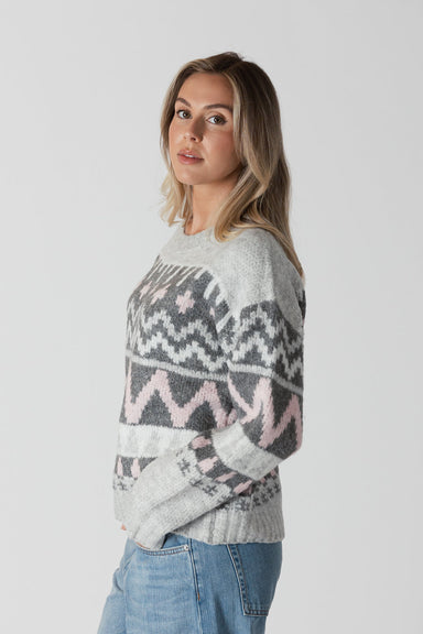 Lyla & Luxe Landen Fairisle Pullover - Grey/Pink Clothing - Tops - Sweaters - Pullovers by Lyla & Luxe | Grace the Boutique