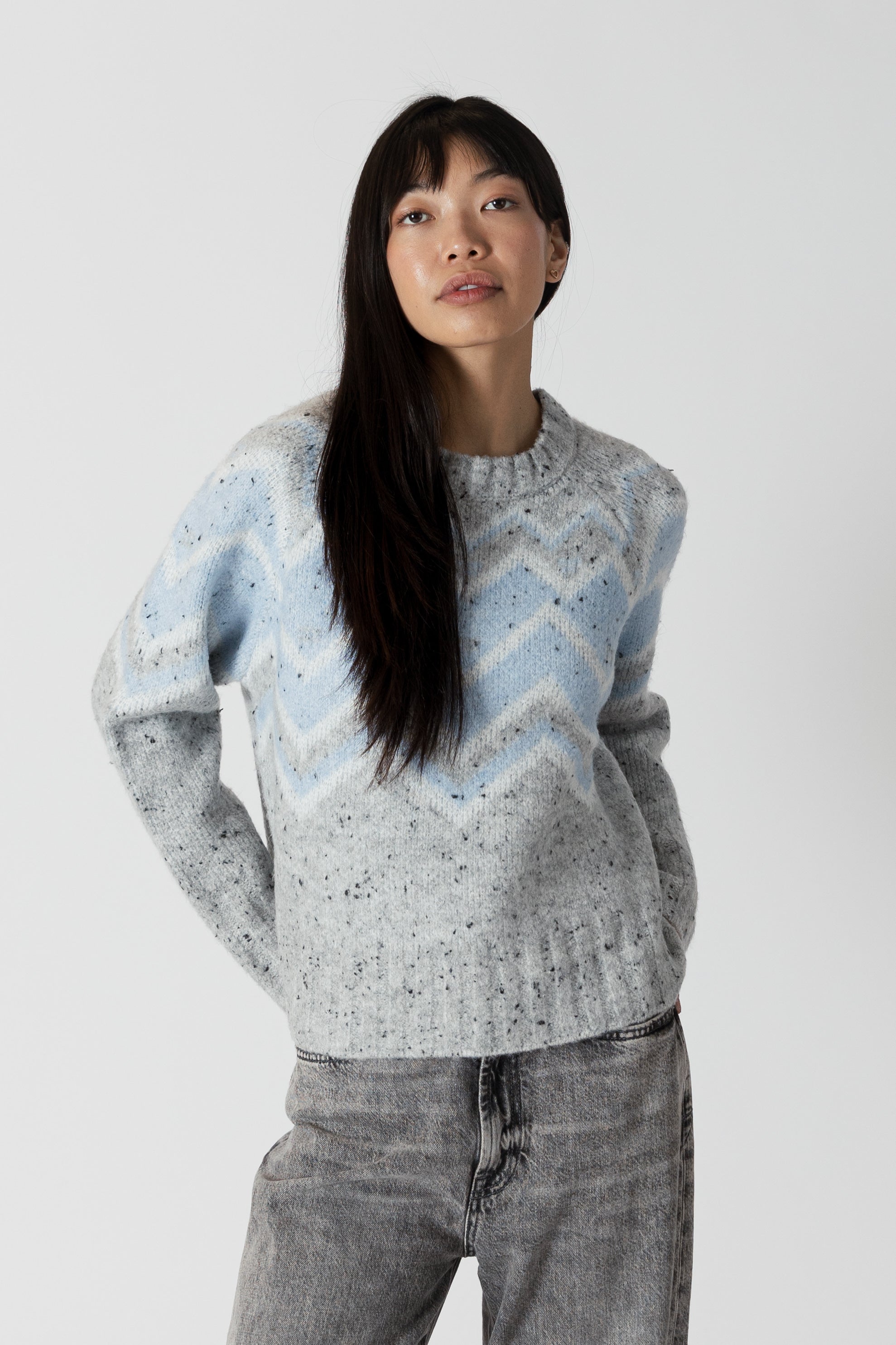 Lyla & Luxe Leighton Fairisle Sweater - Grey/Blue Clothing - Tops - Sweaters - Pullovers by Lyla & Luxe | Grace the Boutique