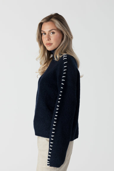 Lyla & Luxe Nyla Ribbed Mockneck - Navy/White Clothing - Tops - Sweaters - Pullovers by Lyla & Luxe | Grace the Boutique