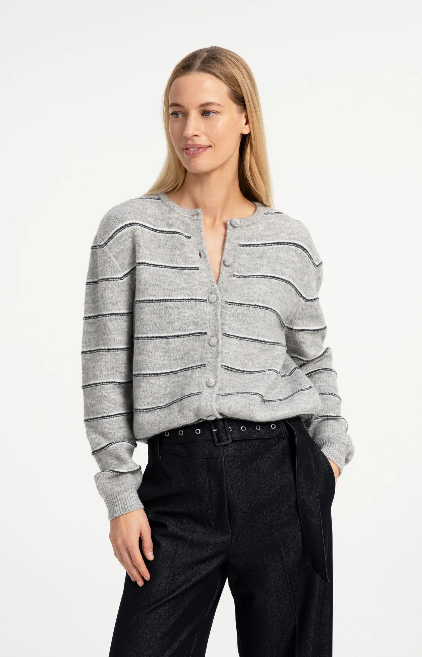 Yaya Striped Cardi - Medium Grey