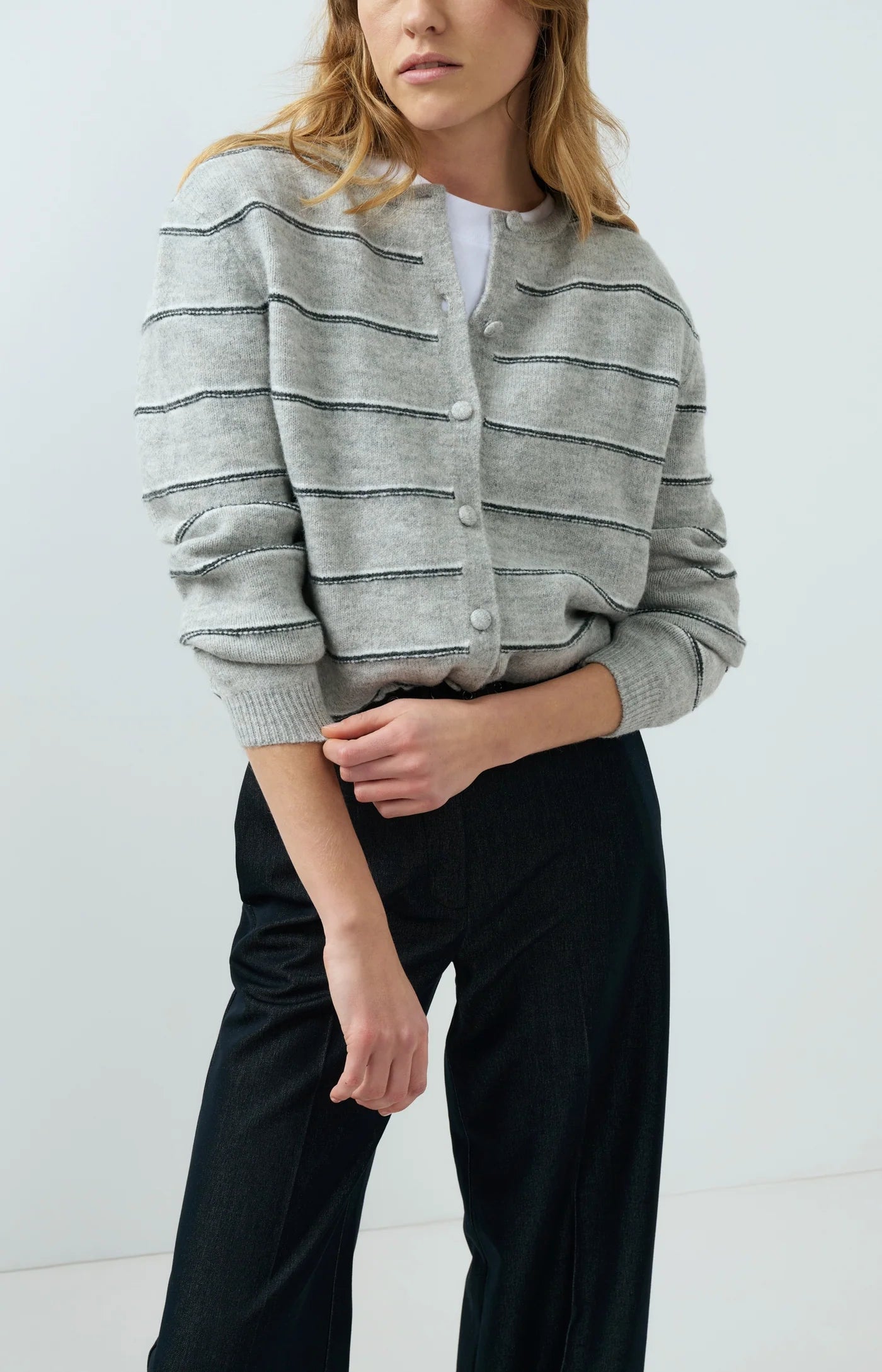 Yaya Striped Cardi - Medium Grey