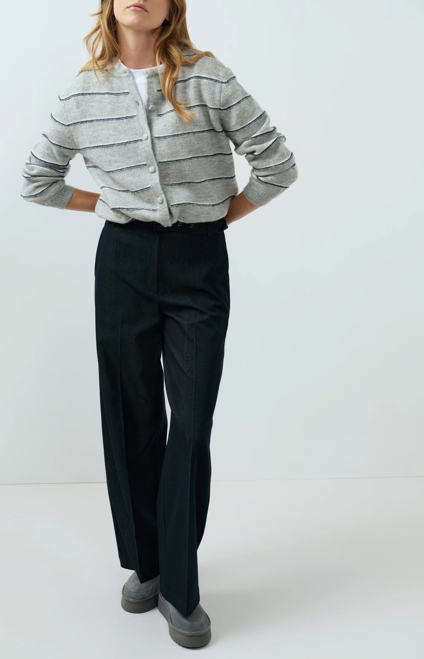 Yaya Striped Cardi - Medium Grey
