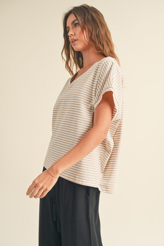 Miou Muse Striped Short Sleeve Knit - Beige Clothing - Tops - Shirts - SS Knits by Miou Muse | Grace the Boutique