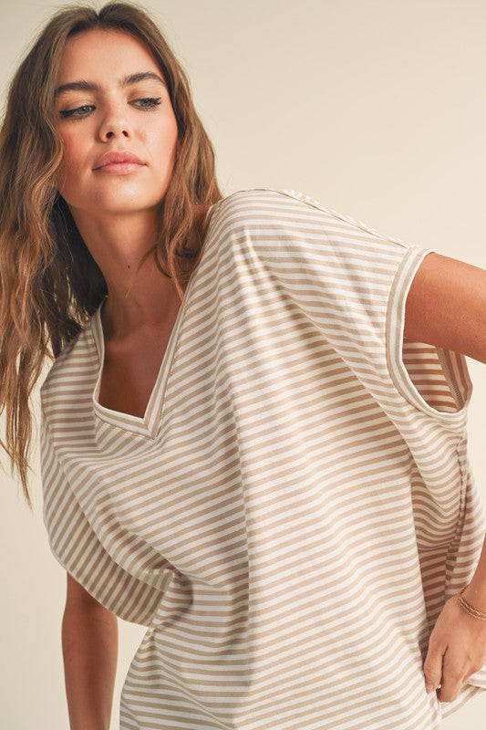 Miou Muse Striped Short Sleeve Knit - Beige Clothing - Tops - Shirts - SS Knits by Miou Muse | Grace the Boutique