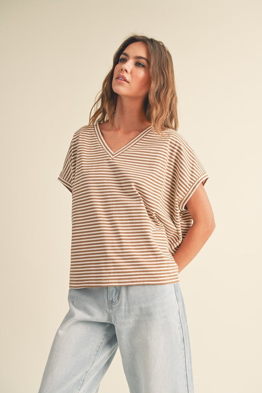 Miou Muse Striped Short Sleeve Knit - Toffee Clothing - Tops - Shirts - SS Knits by Miou Muse | Grace the Boutique