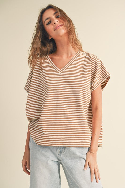 Miou Muse Striped Short Sleeve Knit - Toffee Clothing - Tops - Shirts - SS Knits by Miou Muse | Grace the Boutique
