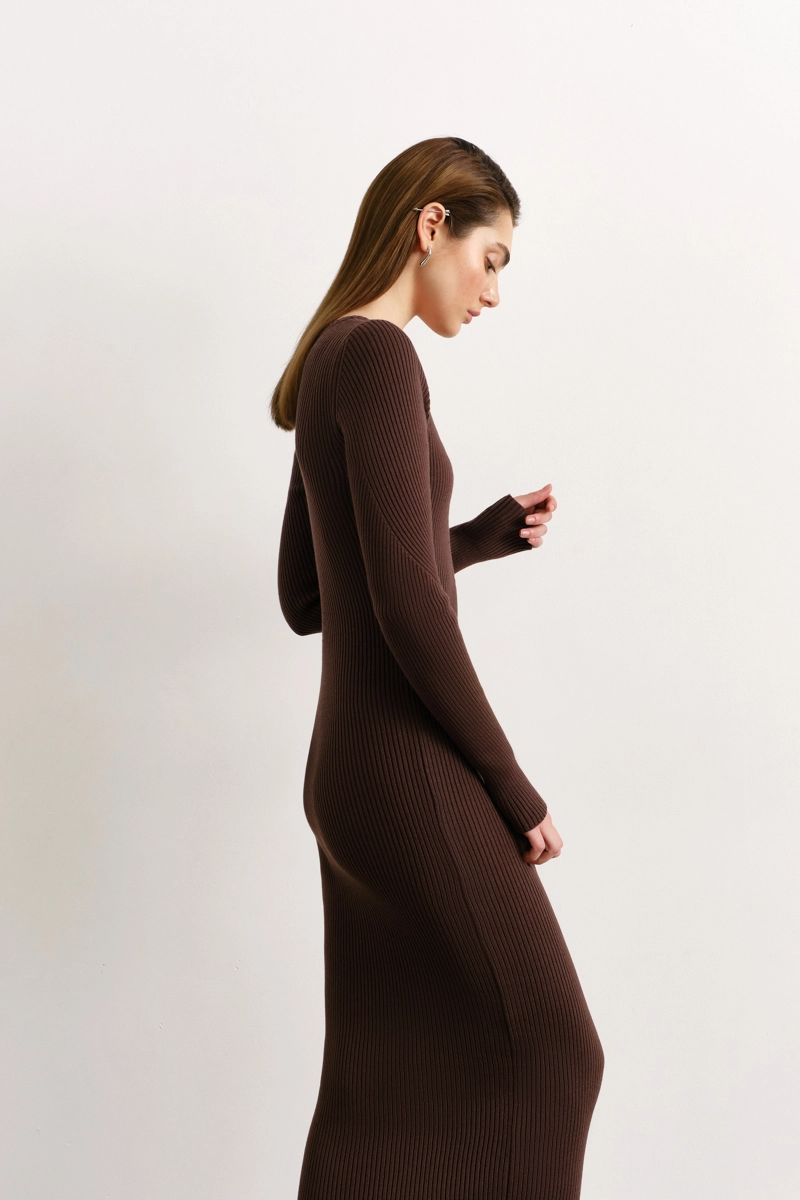 Nenya Geometric Knit Midi Dress - Chocolate Clothing - Dresses + Jumpsuits - Dresses - Long Dresses by Nenya | Grace the Boutique
