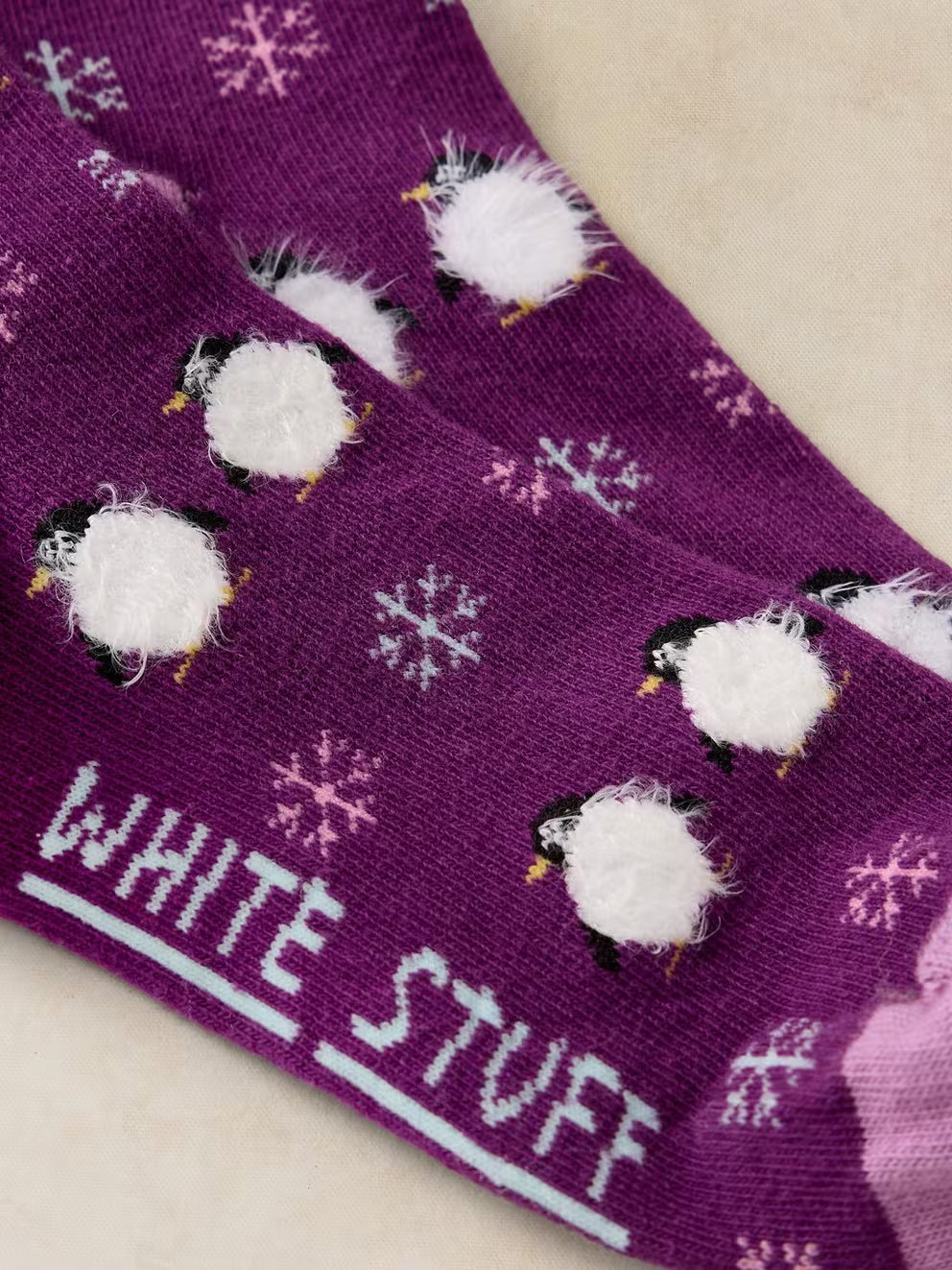 White Stuff Fluffy Penguin Ankle Sock - Purple Multi