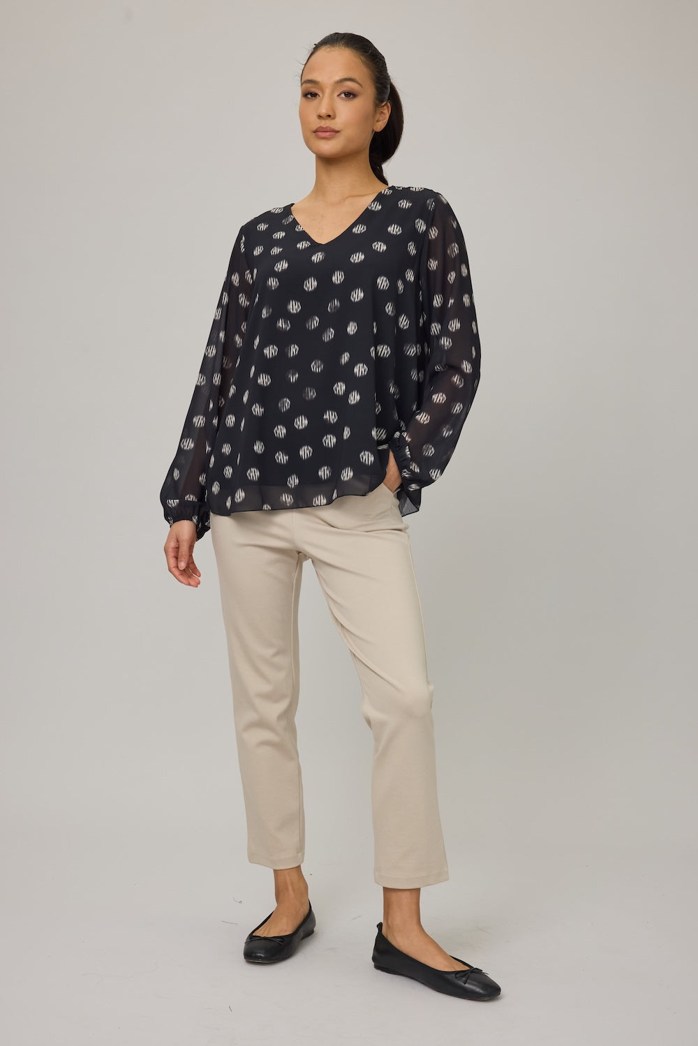 Pistache Georgette V Neck Blouse - Dotted Print