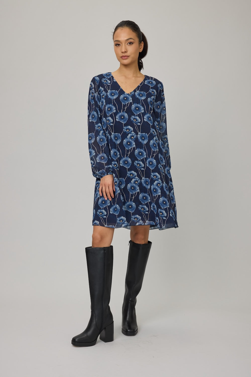 Pistache Georgette V-Neck Dress - Blue Floral