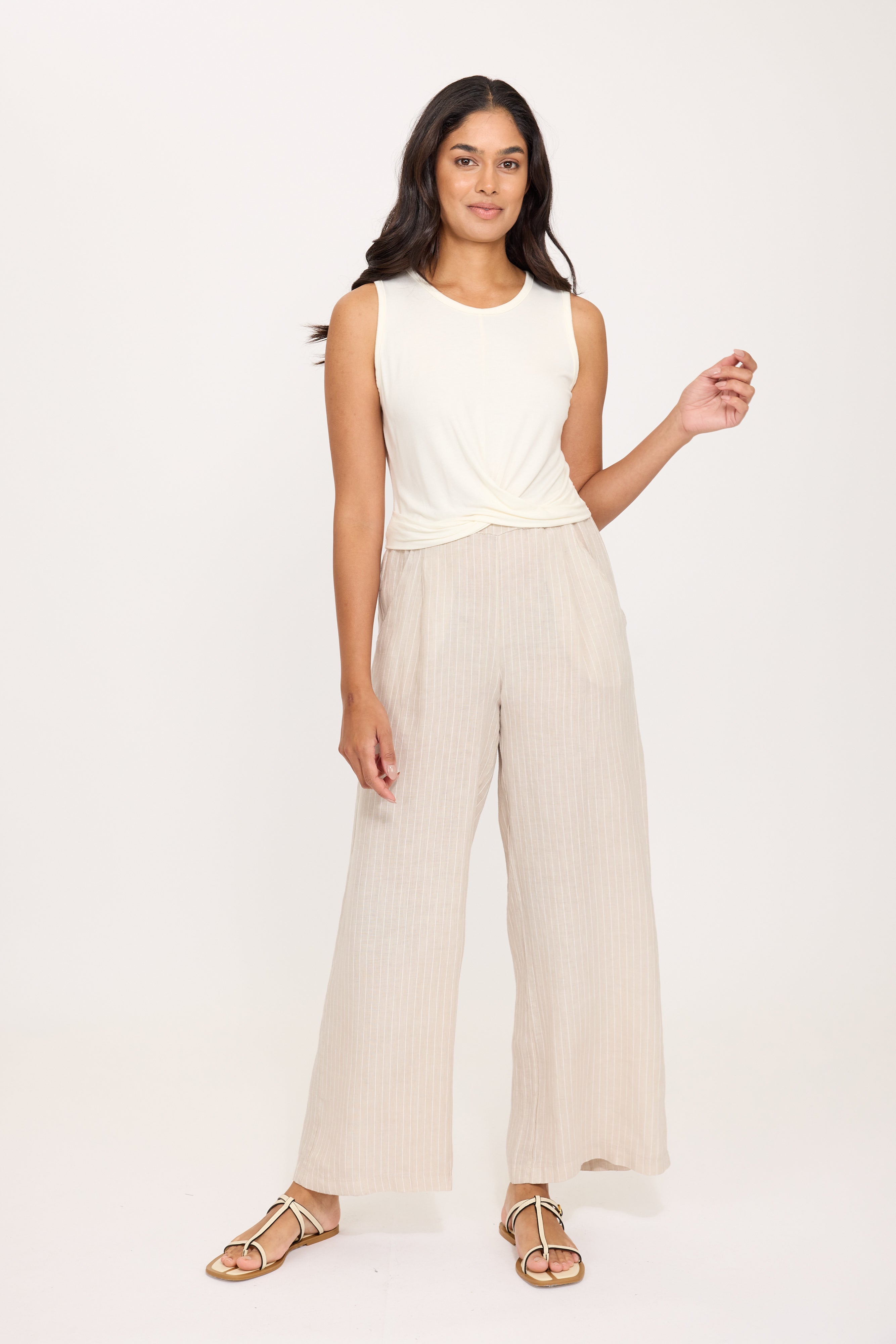 Pistache High Waist Linen Pant - Summer Beige Stripe