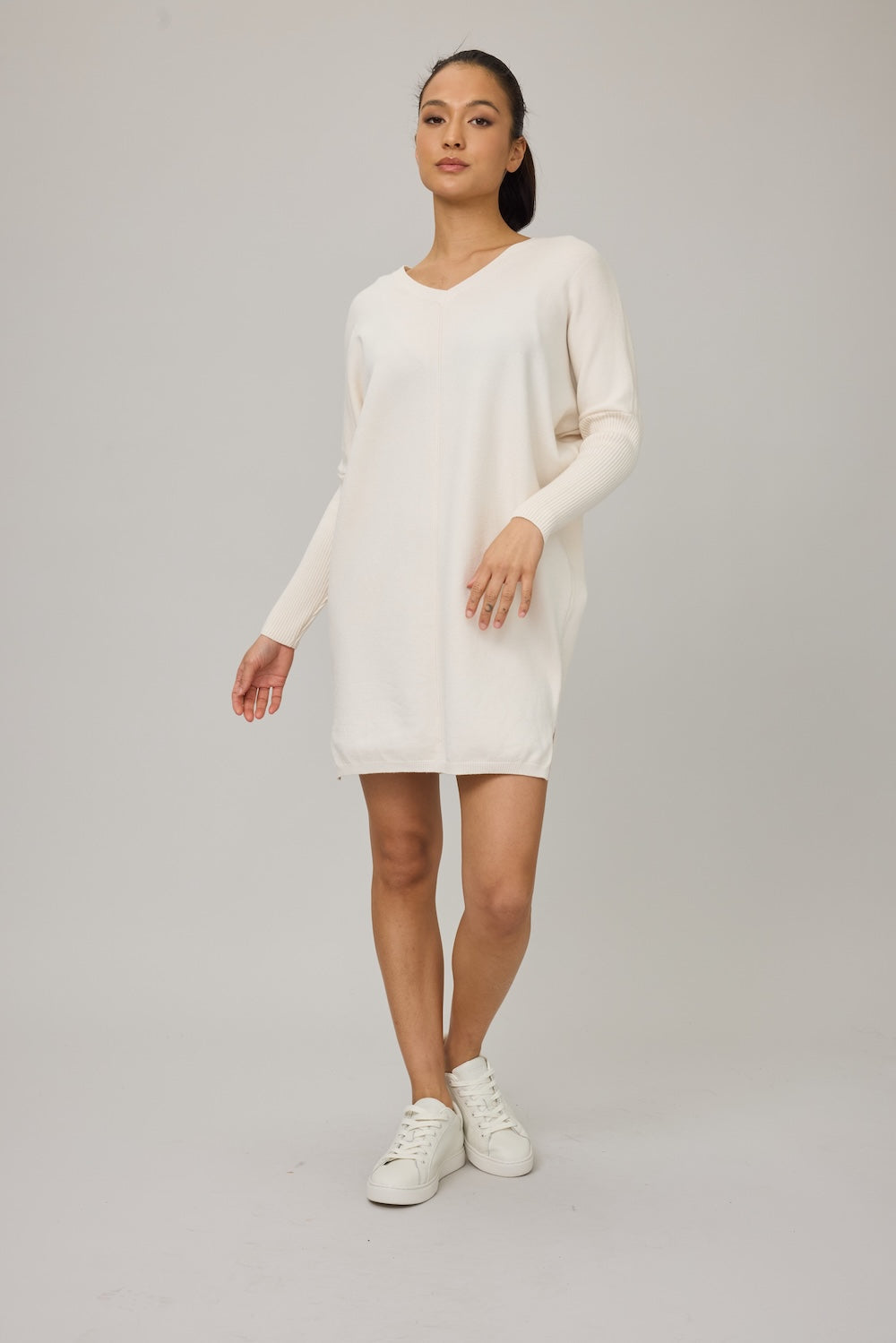 Pistache Knit Dress with Rib Sleeves - Chantilly Cream