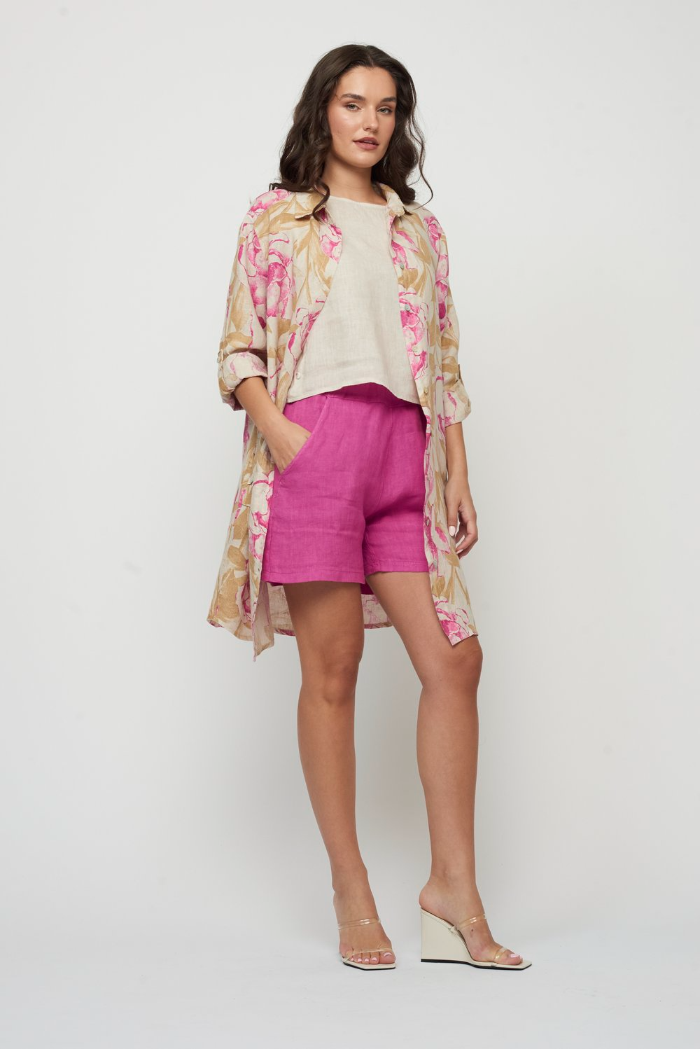 Pistache Linen Blouse Dress - Camel/Fuchsia Clothing - Tops - Tunics by Pistache | Grace the Boutique