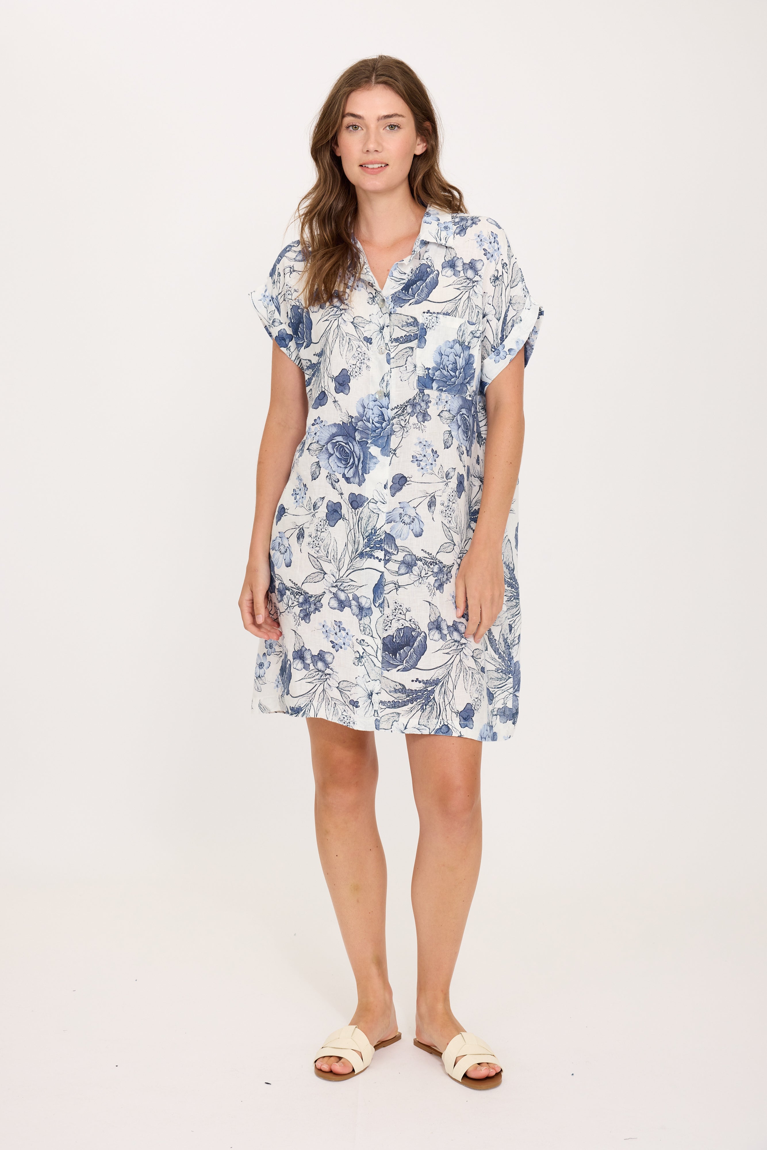 Pistache Linen Shirt Dress - Blue Floral