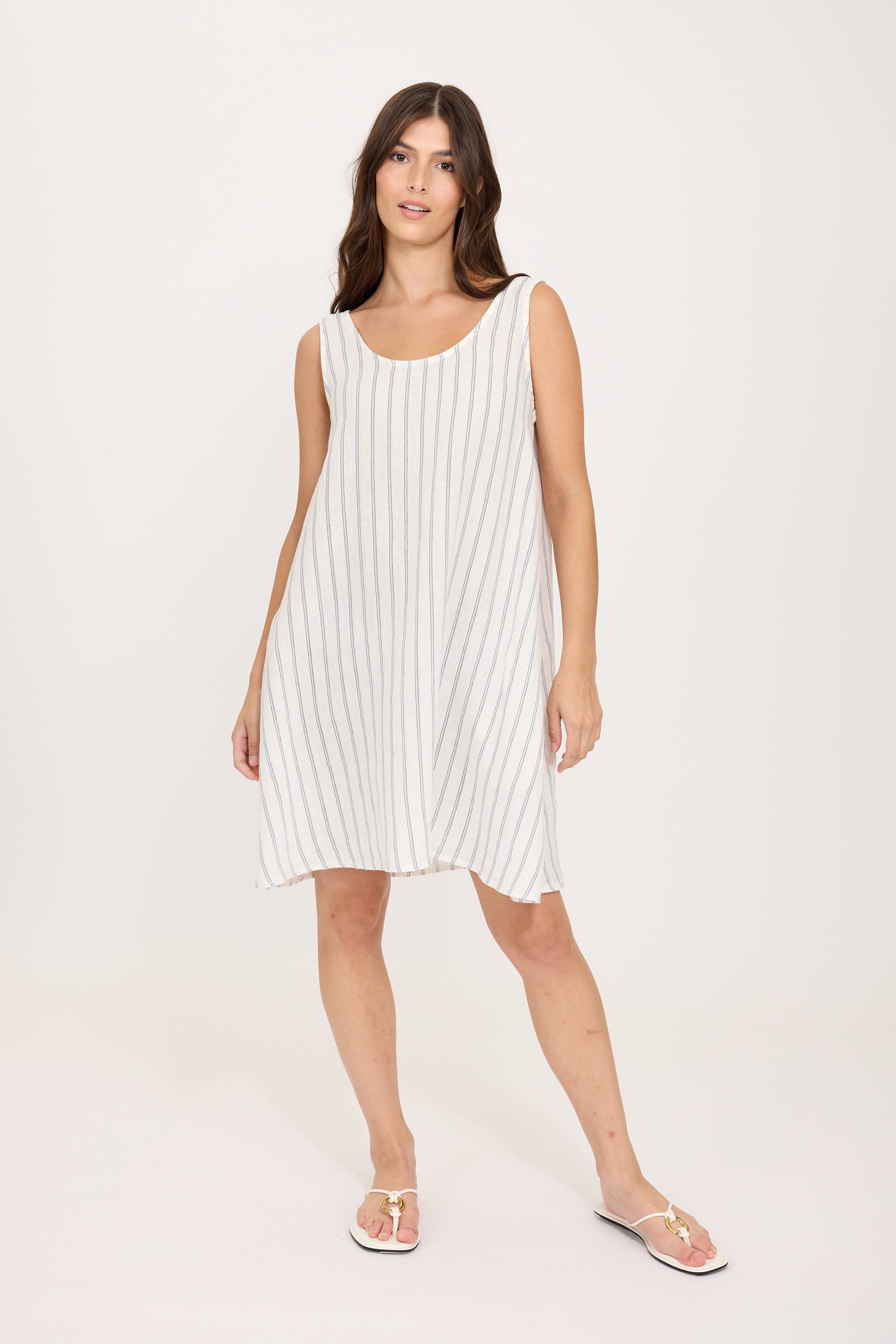 Pistache Linen Weekender Dress - French Pinstripe