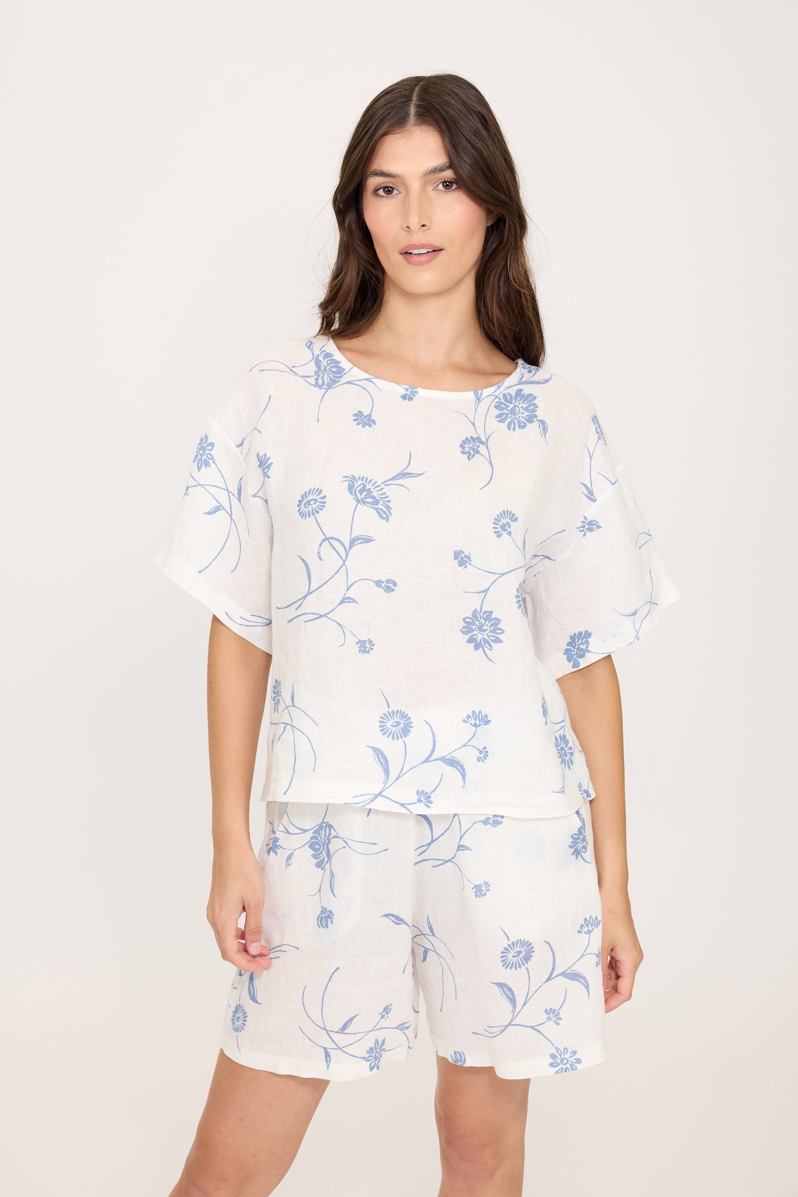 Pistache Loose Linen Top - Blue Floral Print