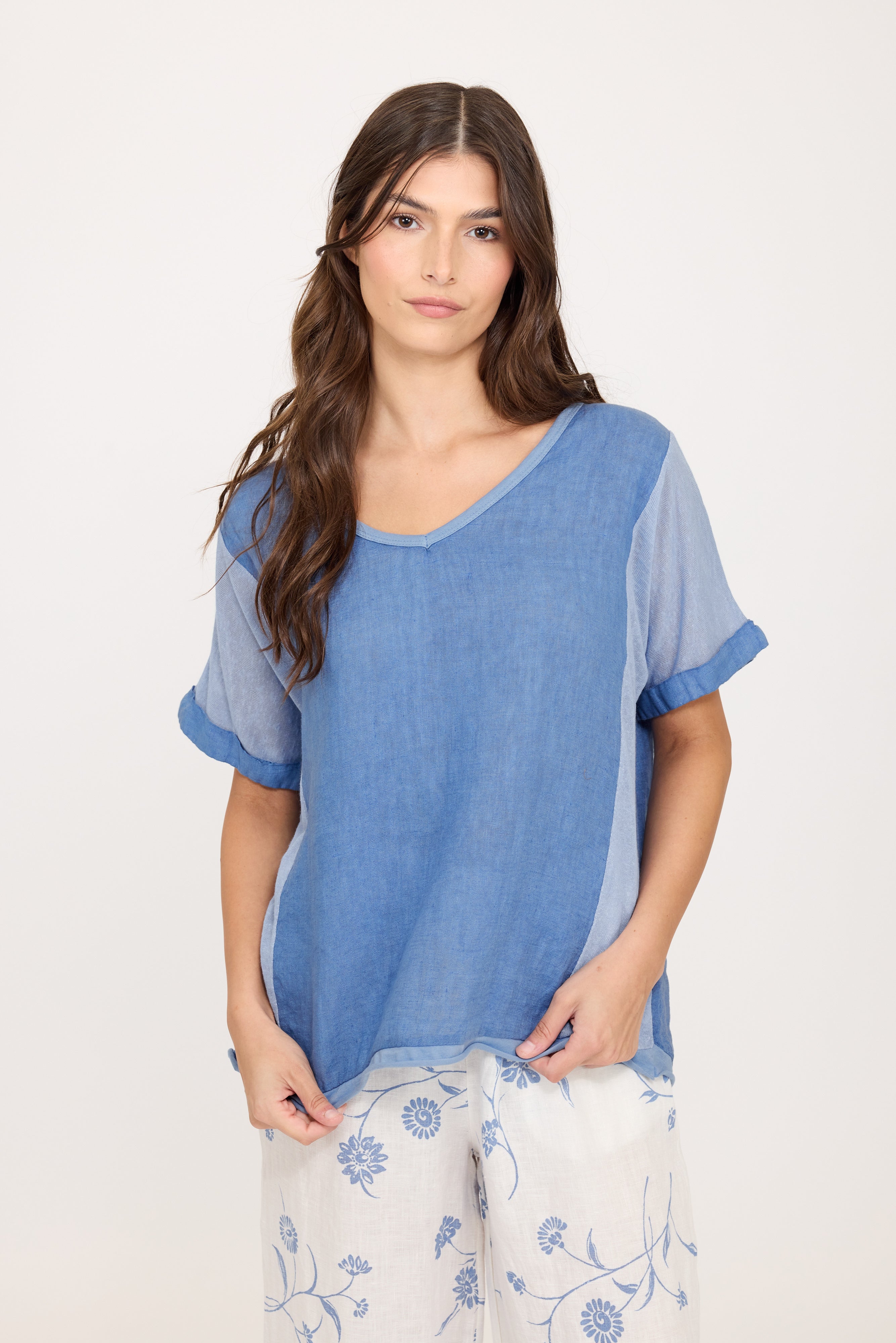 Pistache Mixed Fabric Tee - Ocean Blue