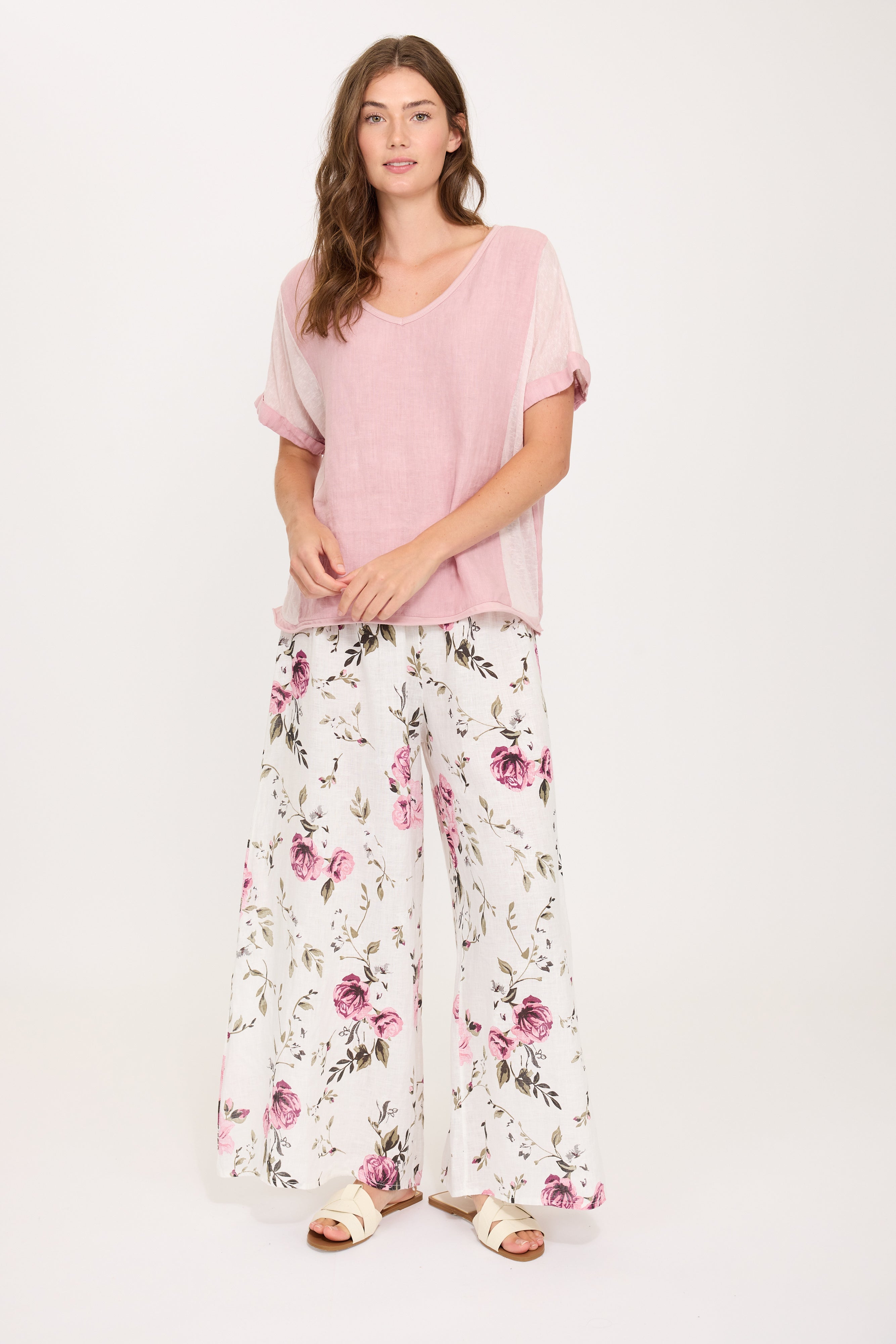 Pistache Mixed Fabric V Neck Tee - Paris Pink