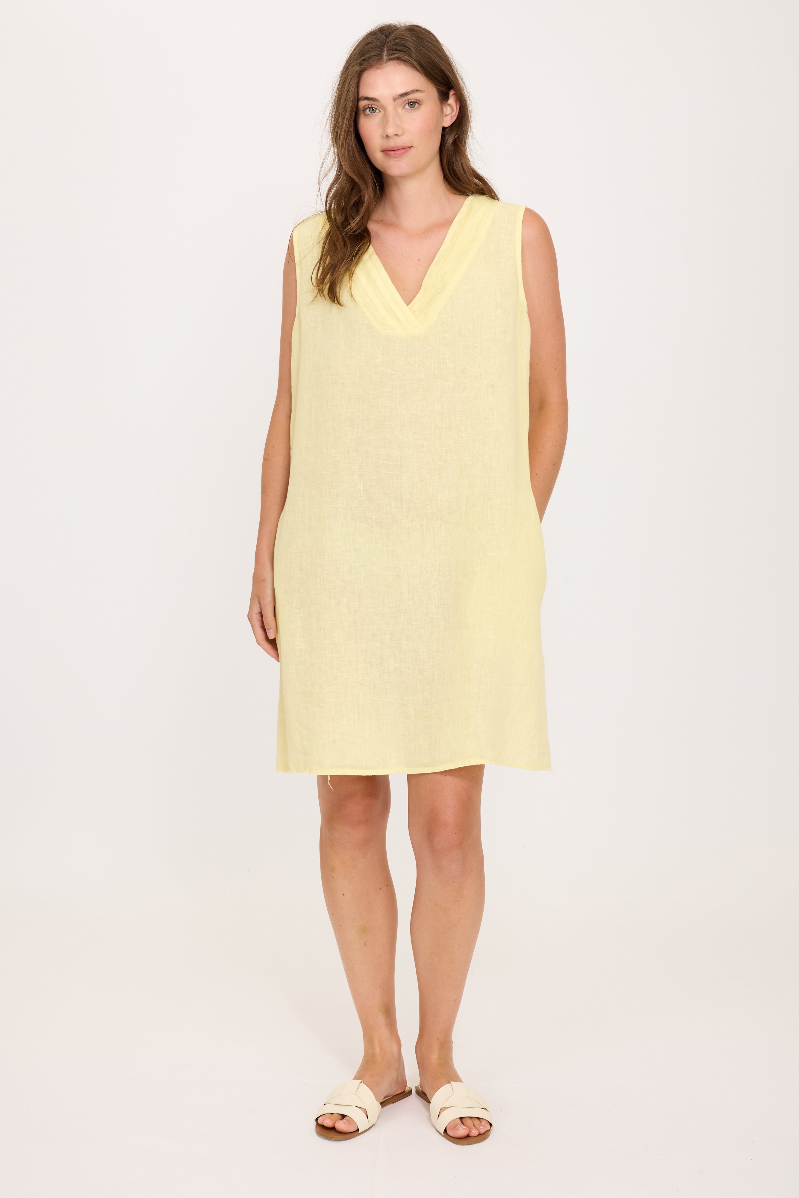 Pistache Pleated V Neck Linen Dress - Airy Yellow