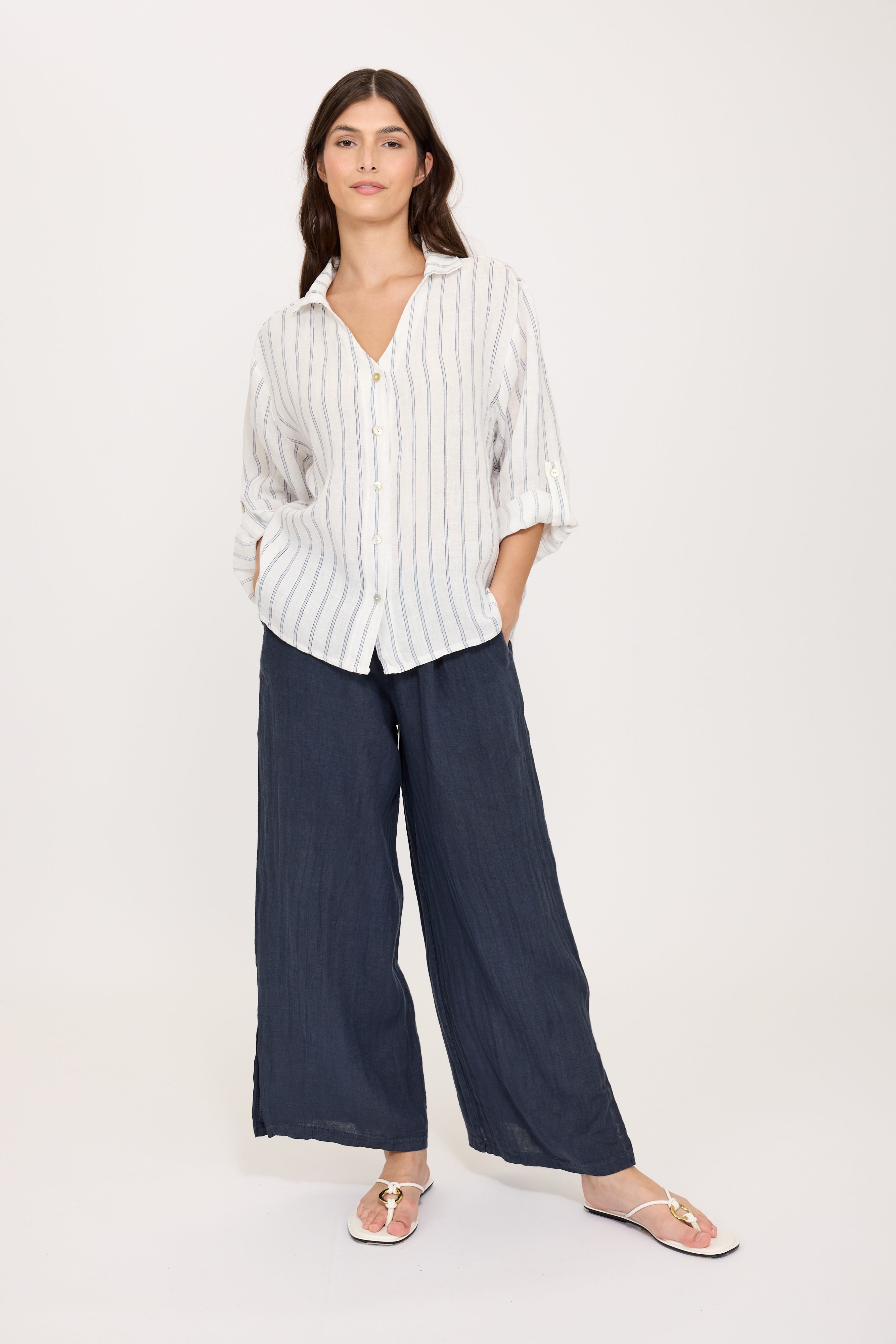 Pistache Split Leg Linen Pant - Midnight Navy