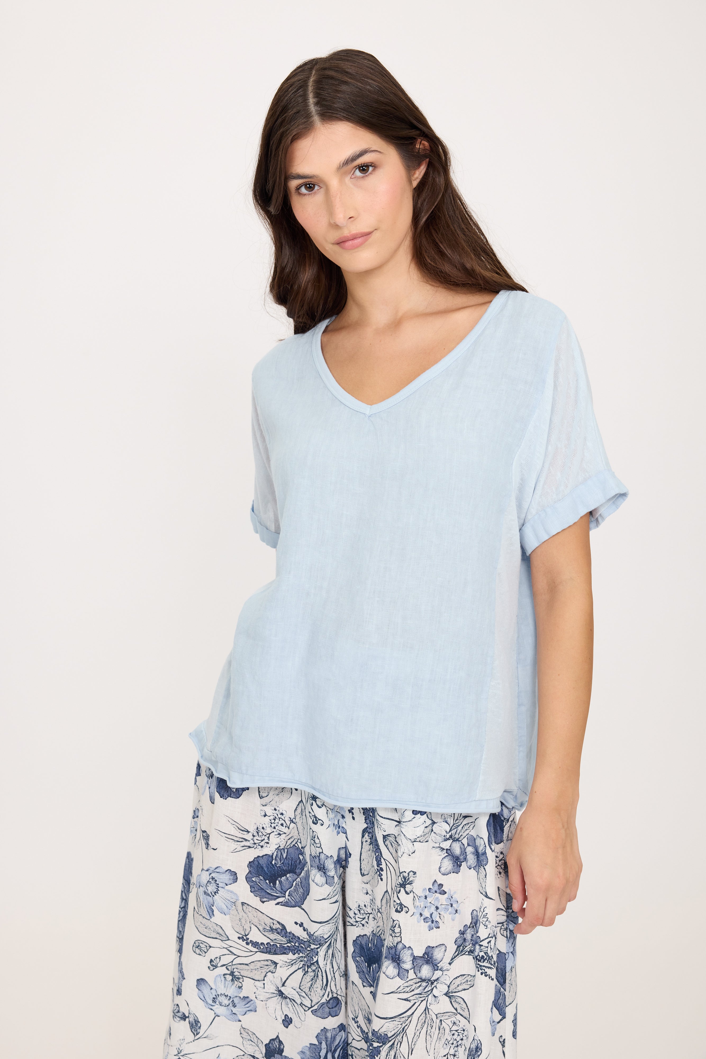 Pistache SS V Neck Linen Top - Blue Aura