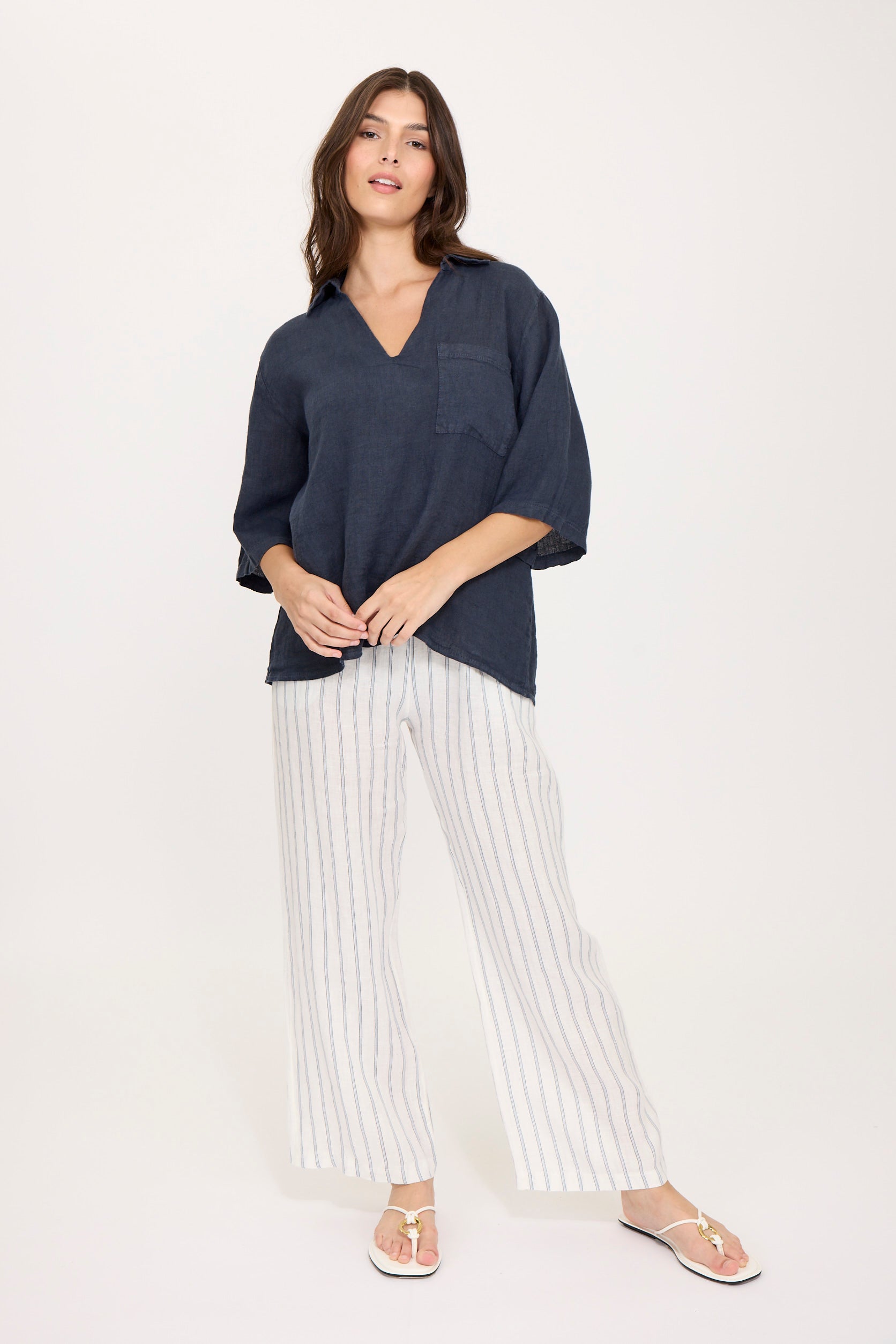 Pistache Straight Linen Pant - French Pinstripe