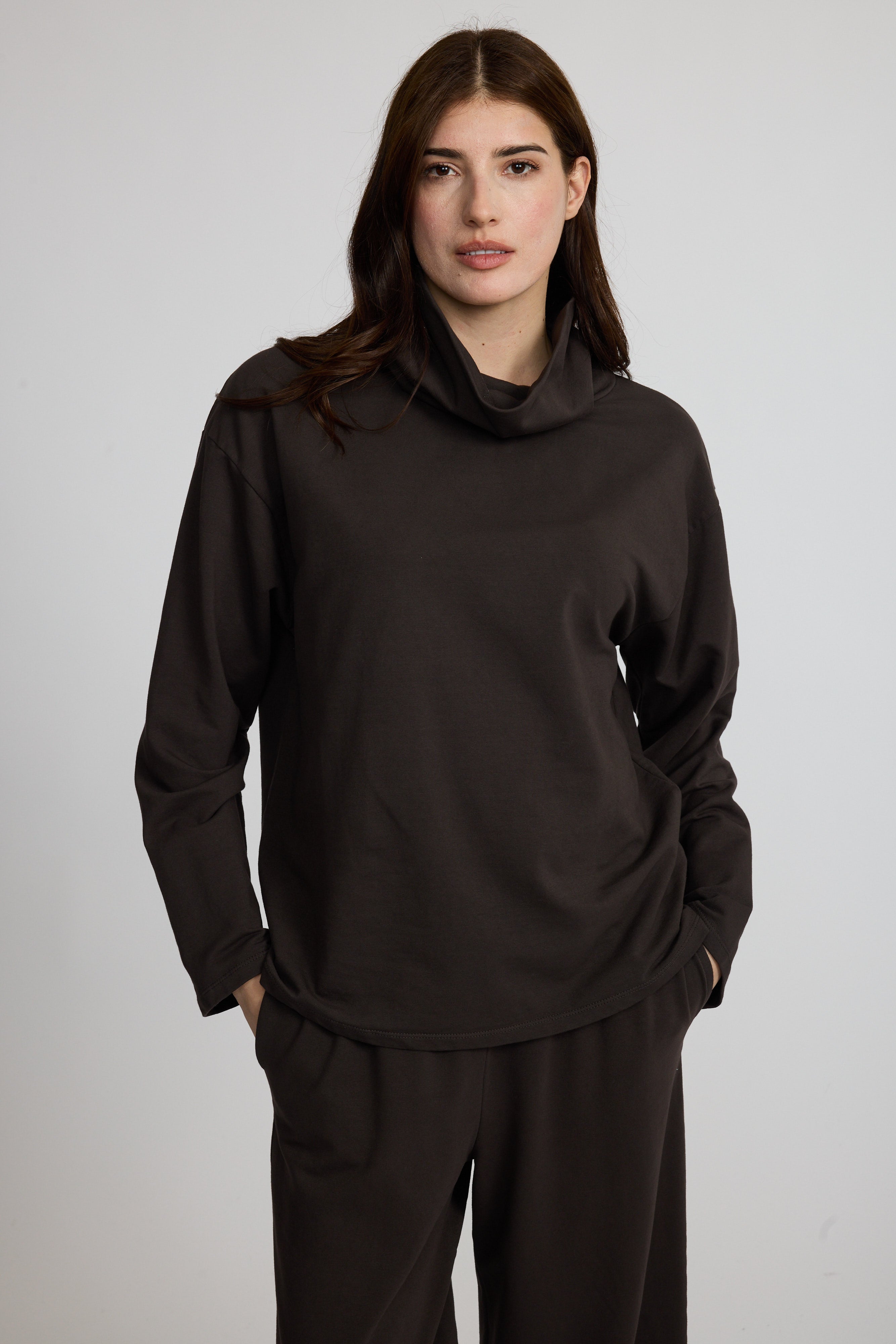 Pistache Terry Funnel Neck Sweater - Coffee