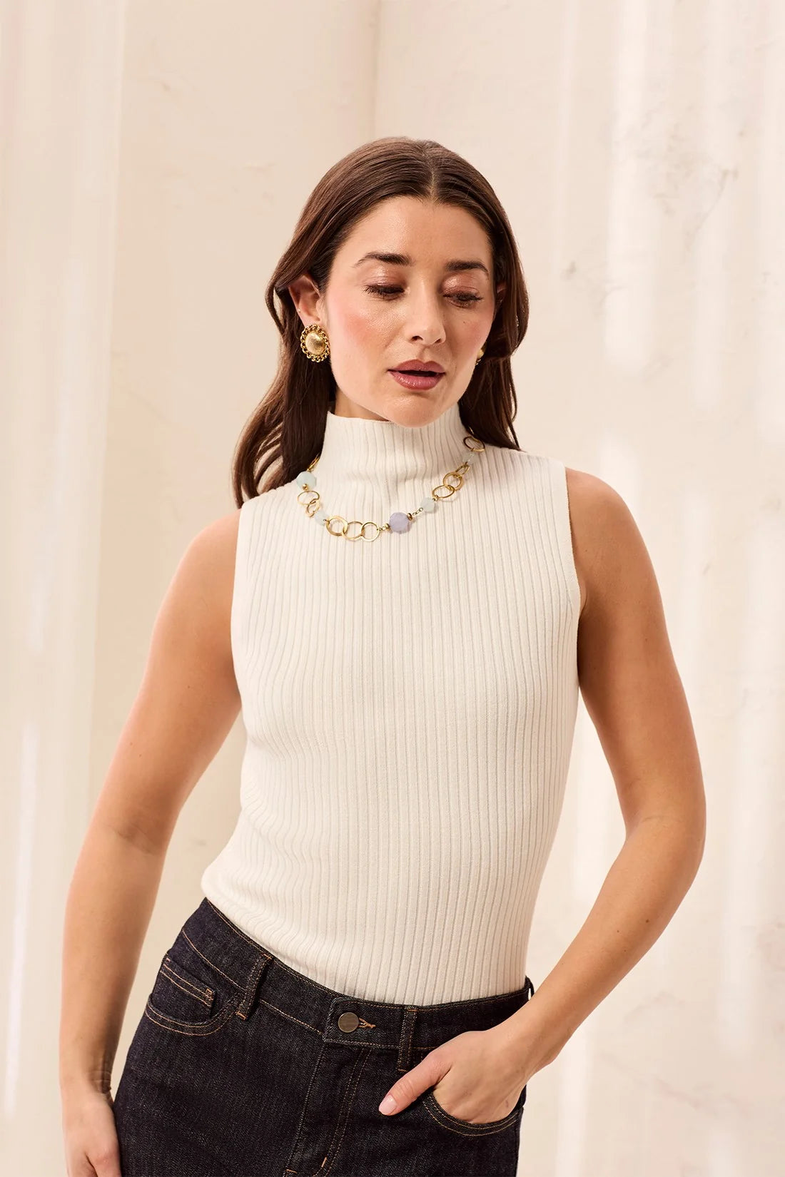 Tribal Sleeveless Mockneck - Cream