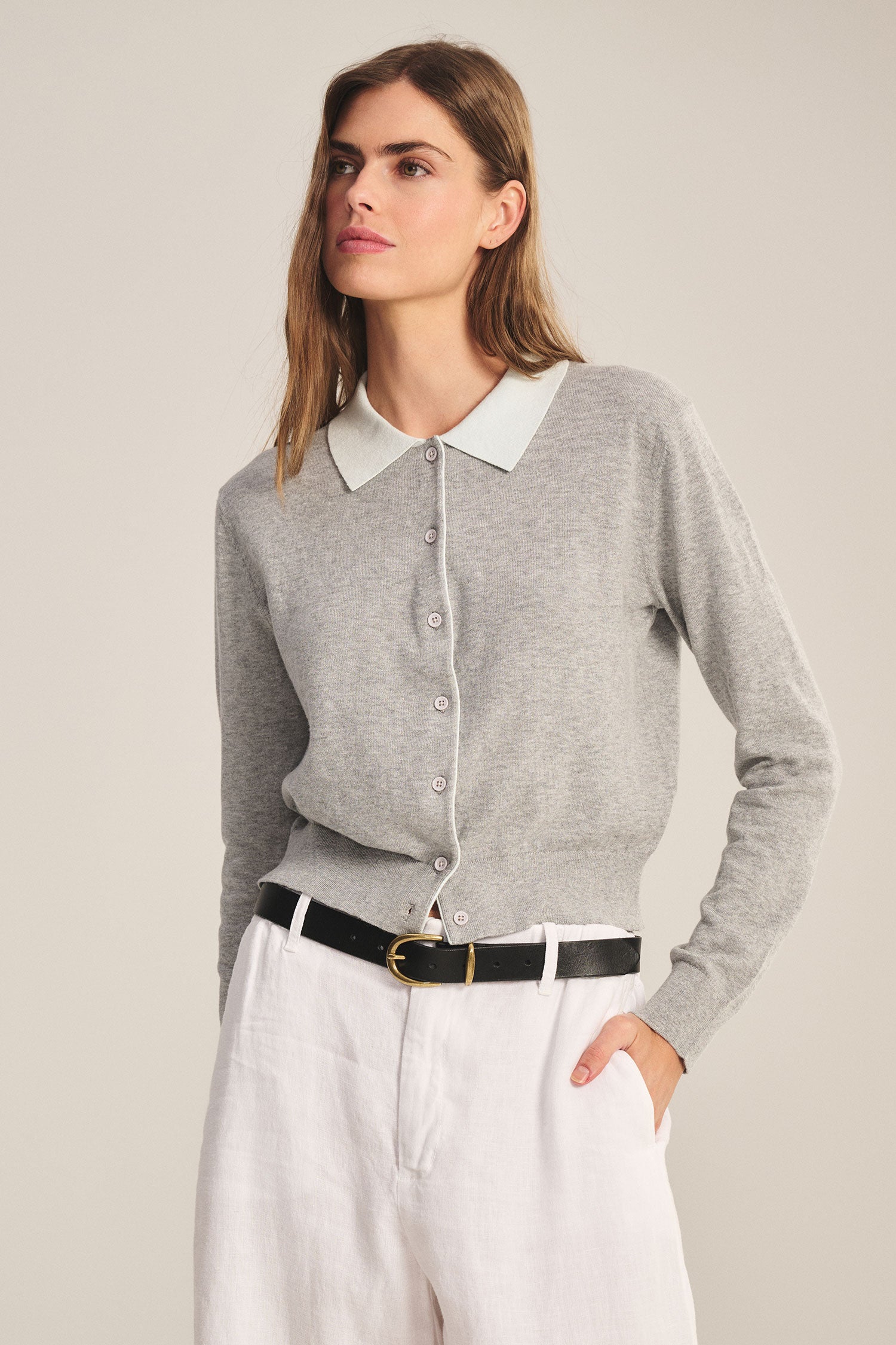 Velvet Riven Cotton Cashmere Cardi - Heather Grey