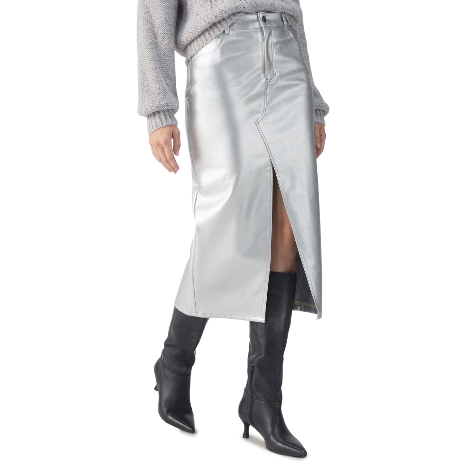 Sanctuary Leather Like Midi Skirt - Silver Clothing - Bottoms - Other Bottoms - Skirts by Sanctuary | Grace the Boutique