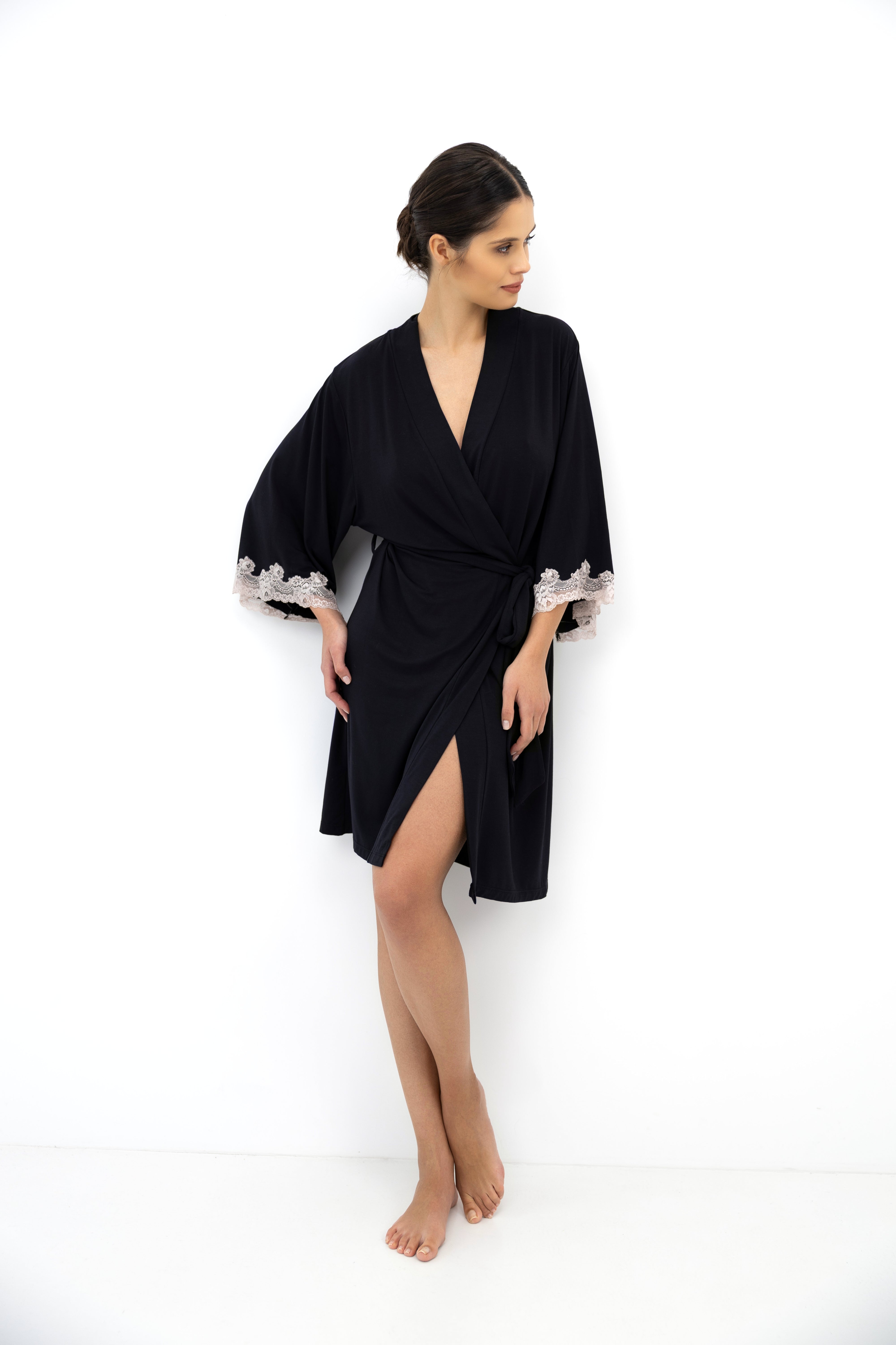 Sensis Dione Bamboo Lace Robe - Black