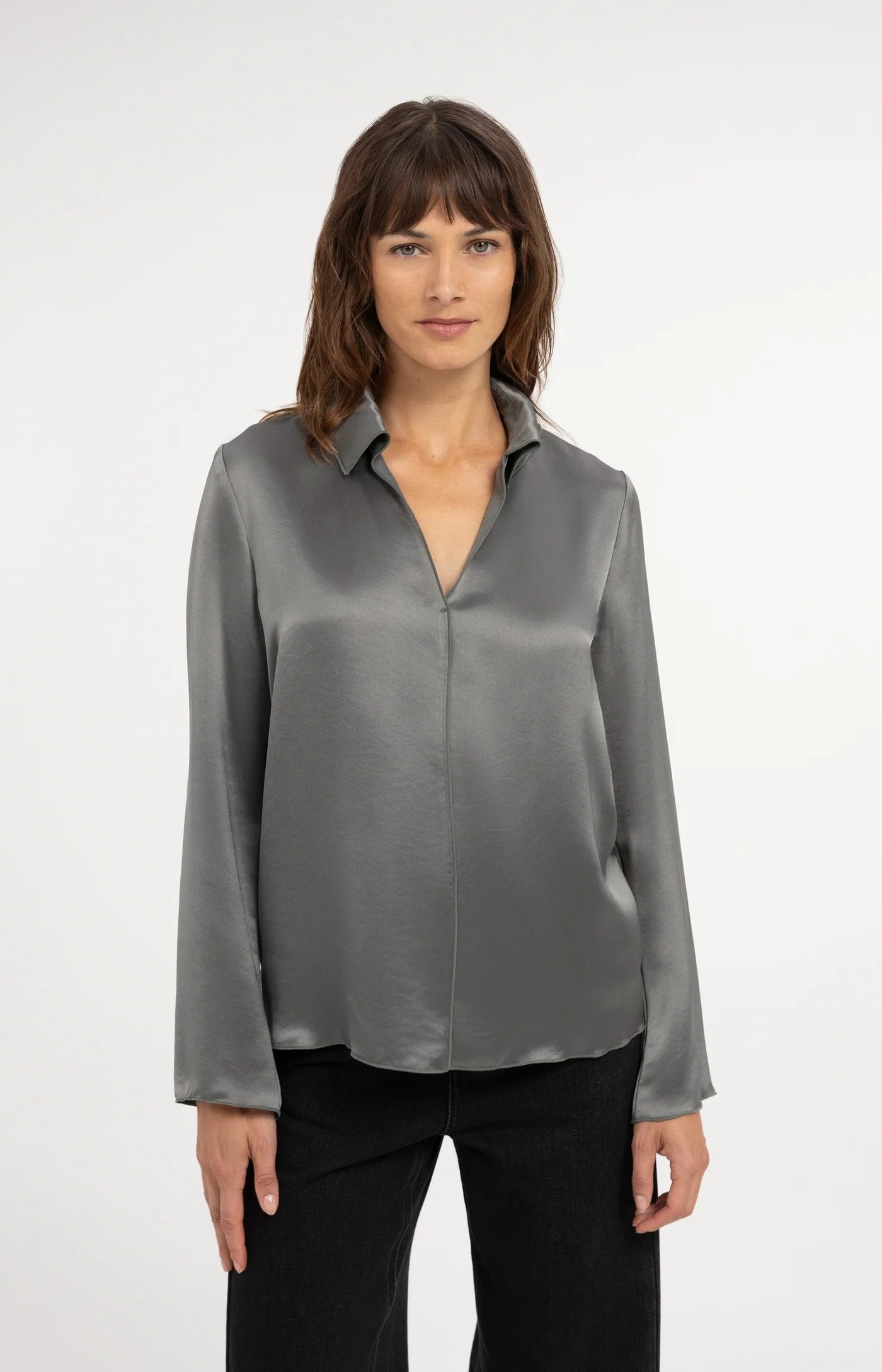 Yaya Satin Top with Collar - Soap Grey