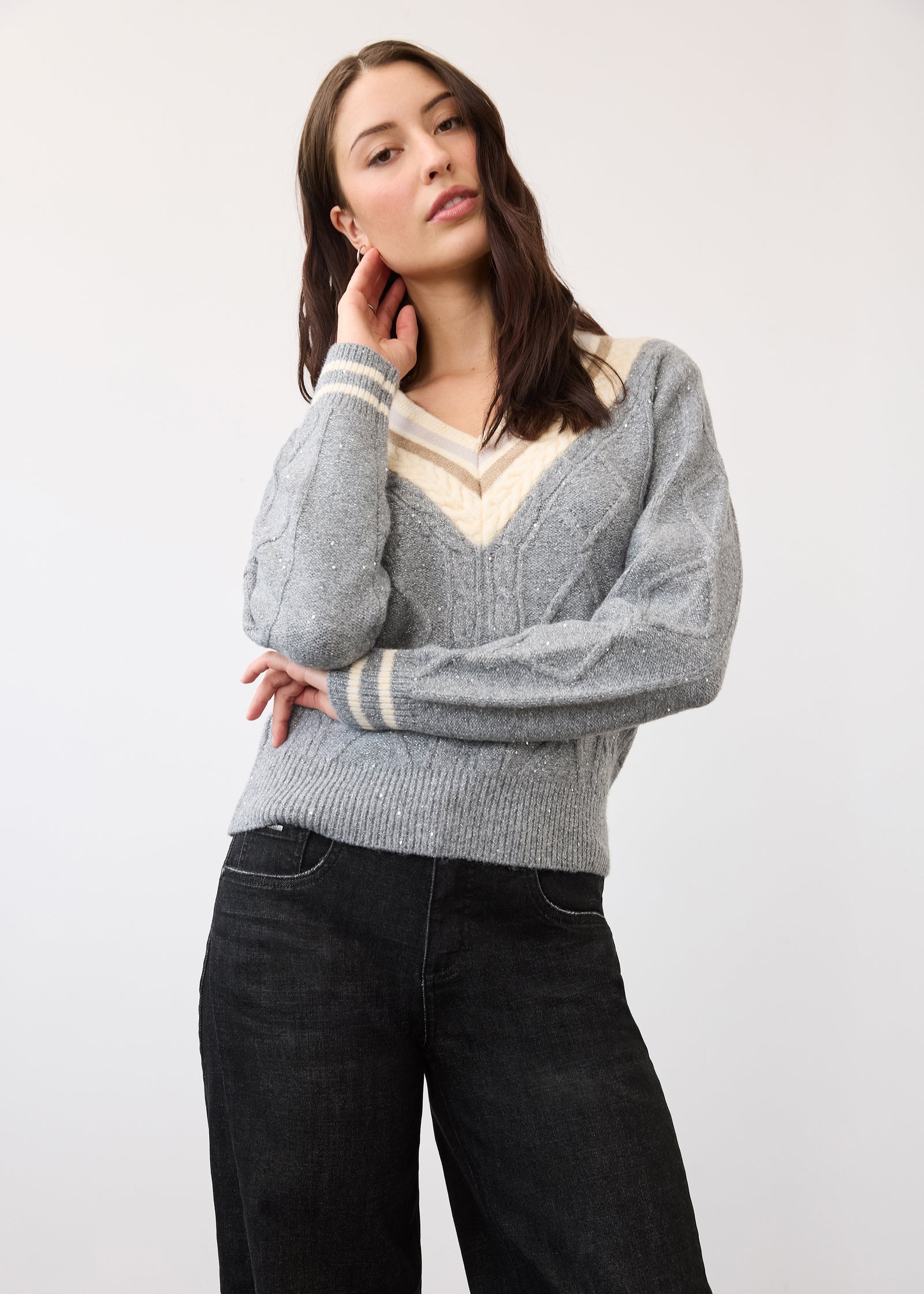 FDJ Sparkle V Neck Sweater - Grey