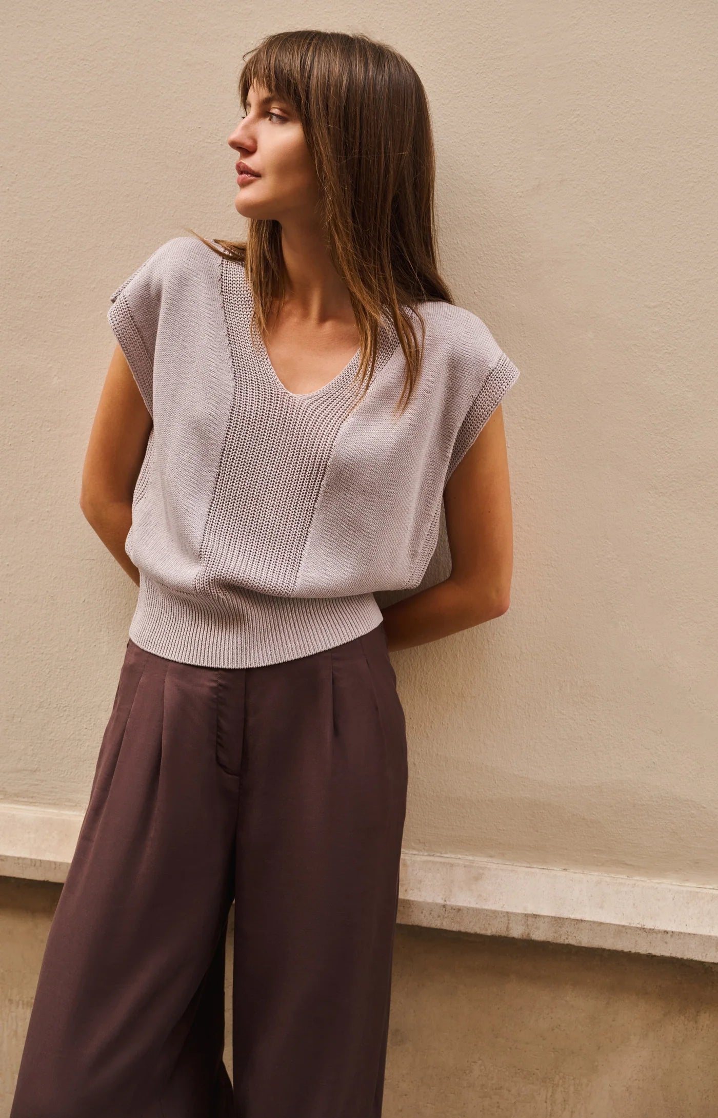 Yaya Textured V Neck Sweater - Alabaster Grey
