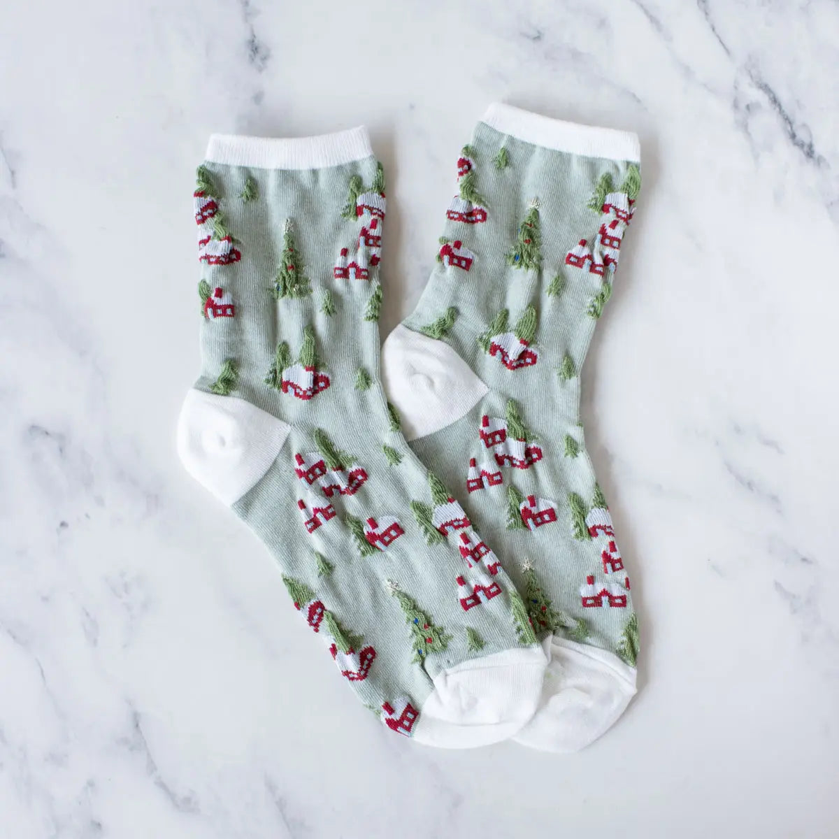 Tiepology Christmas Village Socks - White/Sage