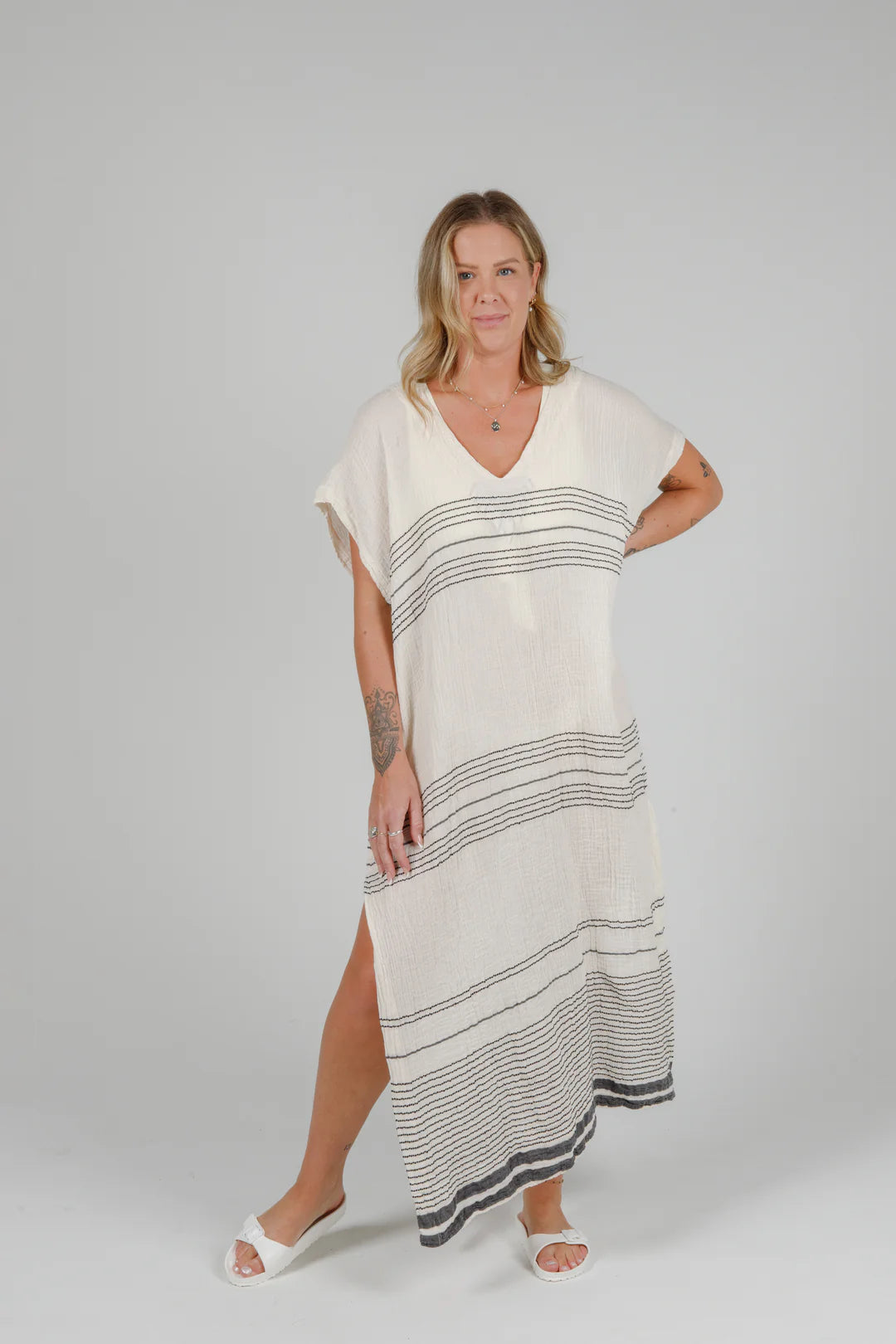 Tofino Towel Co. The Cierra Caftan - Ecru/Black Stripe