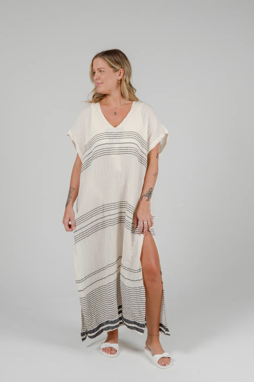 Tofino Towel Co. The Cierra Caftan - Ecru/Black Stripe