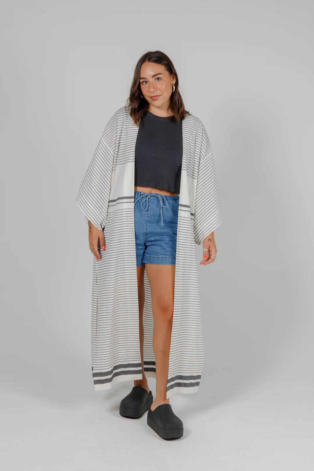 Tofino Towel Co. The Polly Open Coverup - Ecru/Black Stripe