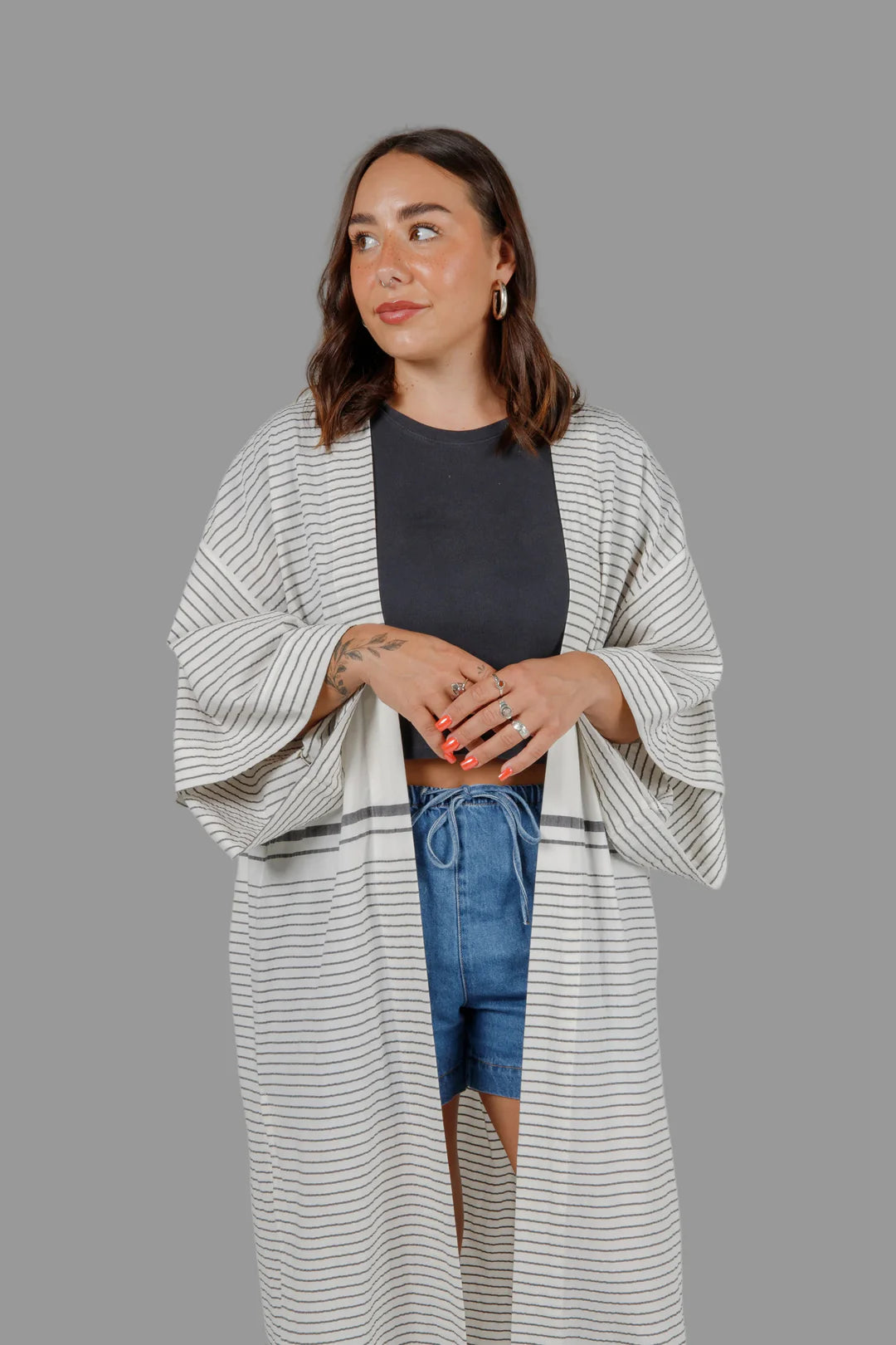 Tofino Towel Co. The Polly Open Coverup - Ecru/Black Stripe
