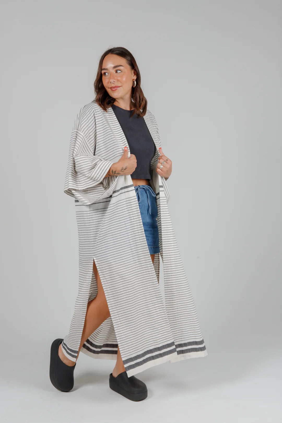 Tofino Towel Co. The Polly Open Coverup - Ecru/Black Stripe