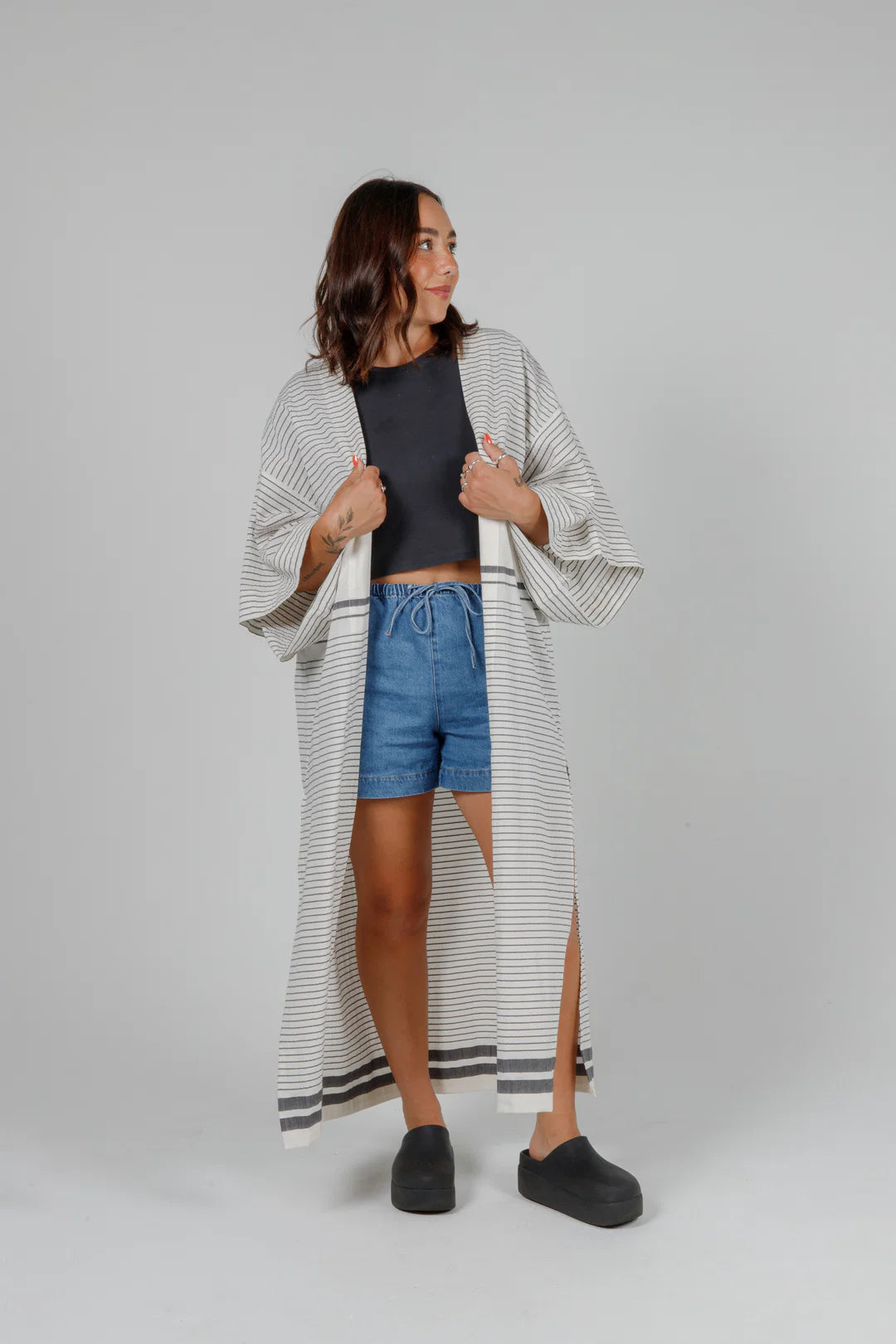 Tofino Towel Co. The Polly Open Coverup - Ecru/Black Stripe