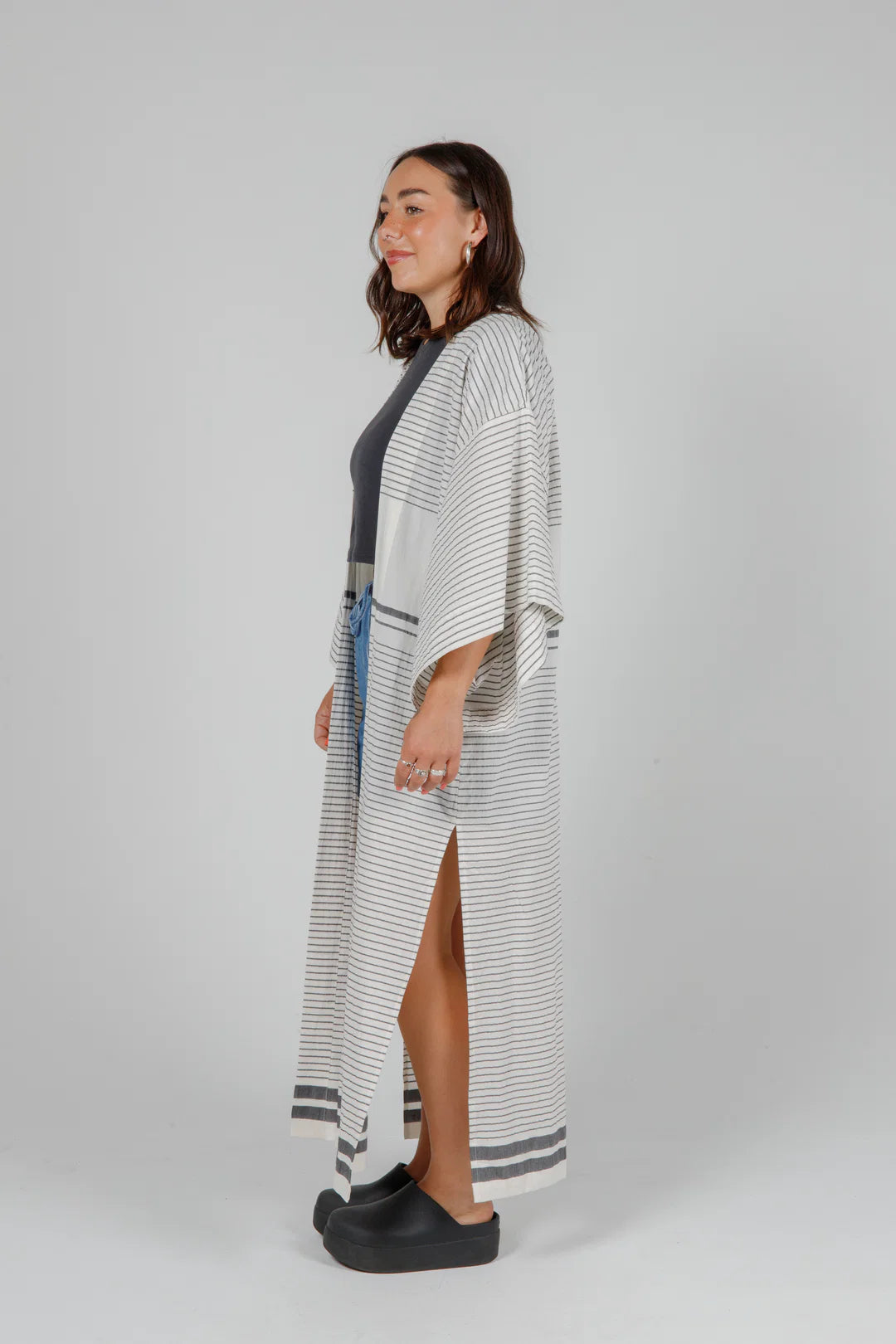 Tofino Towel Co. The Polly Open Coverup - Ecru/Black Stripe