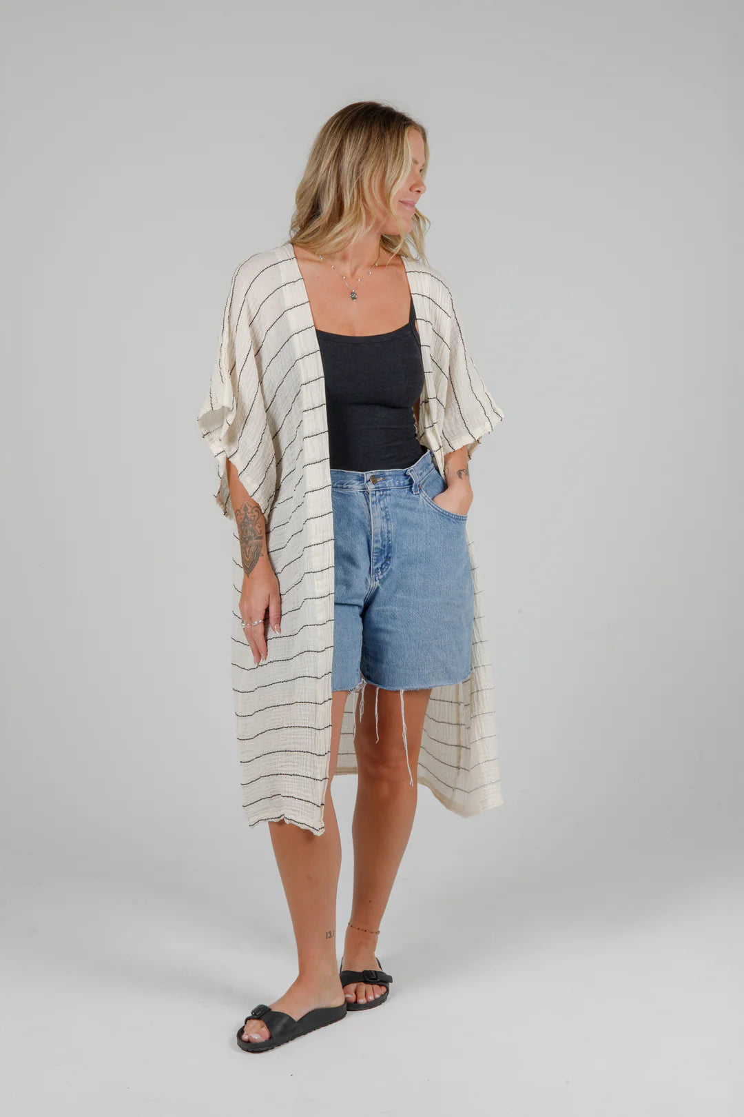 Tofino Towel Co. The Rosa Short Coverup - Ecru/Black Stripe