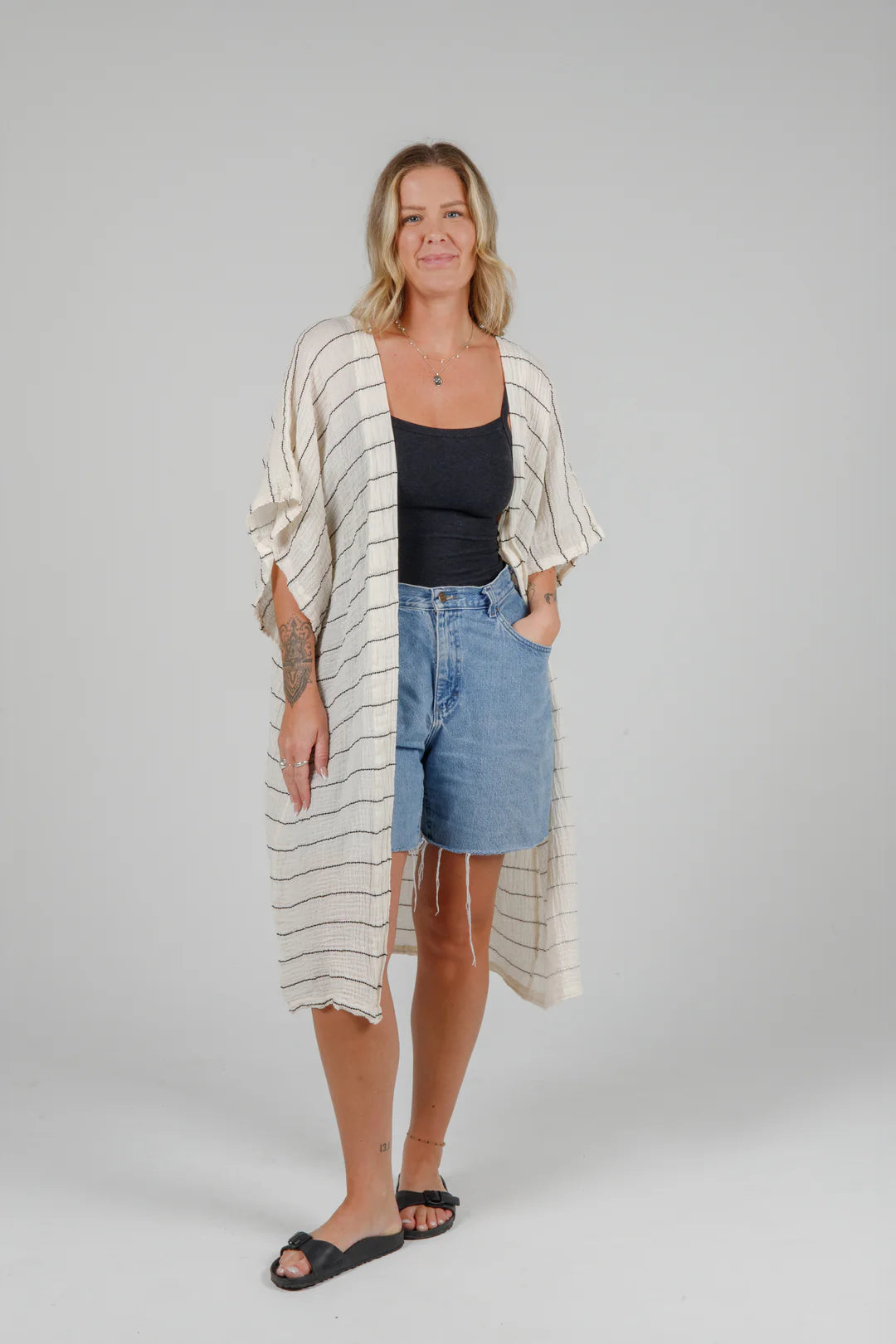 Tofino Towel Co. The Rosa Short Coverup - Ecru/Black Stripe