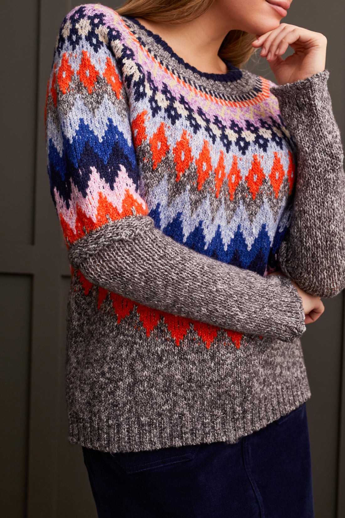 Tribal Amber Intarsia Sweater - Grey Mix Clothing - Tops - Sweaters - Pullovers by Tribal | Grace the Boutique