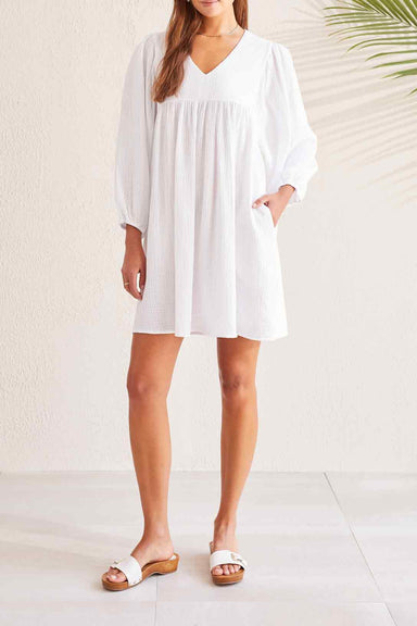 Tribal Anna Puff Sleeve Dress - White Clothing - Dresses + Jumpsuits - Dresses - Short Dresses by Tribal | Grace the Boutique