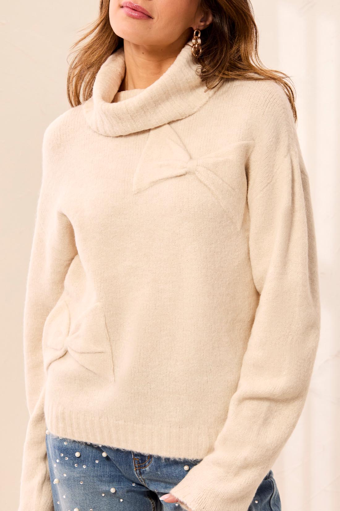 Tribal Bow Turtleneck Sweater - Cream