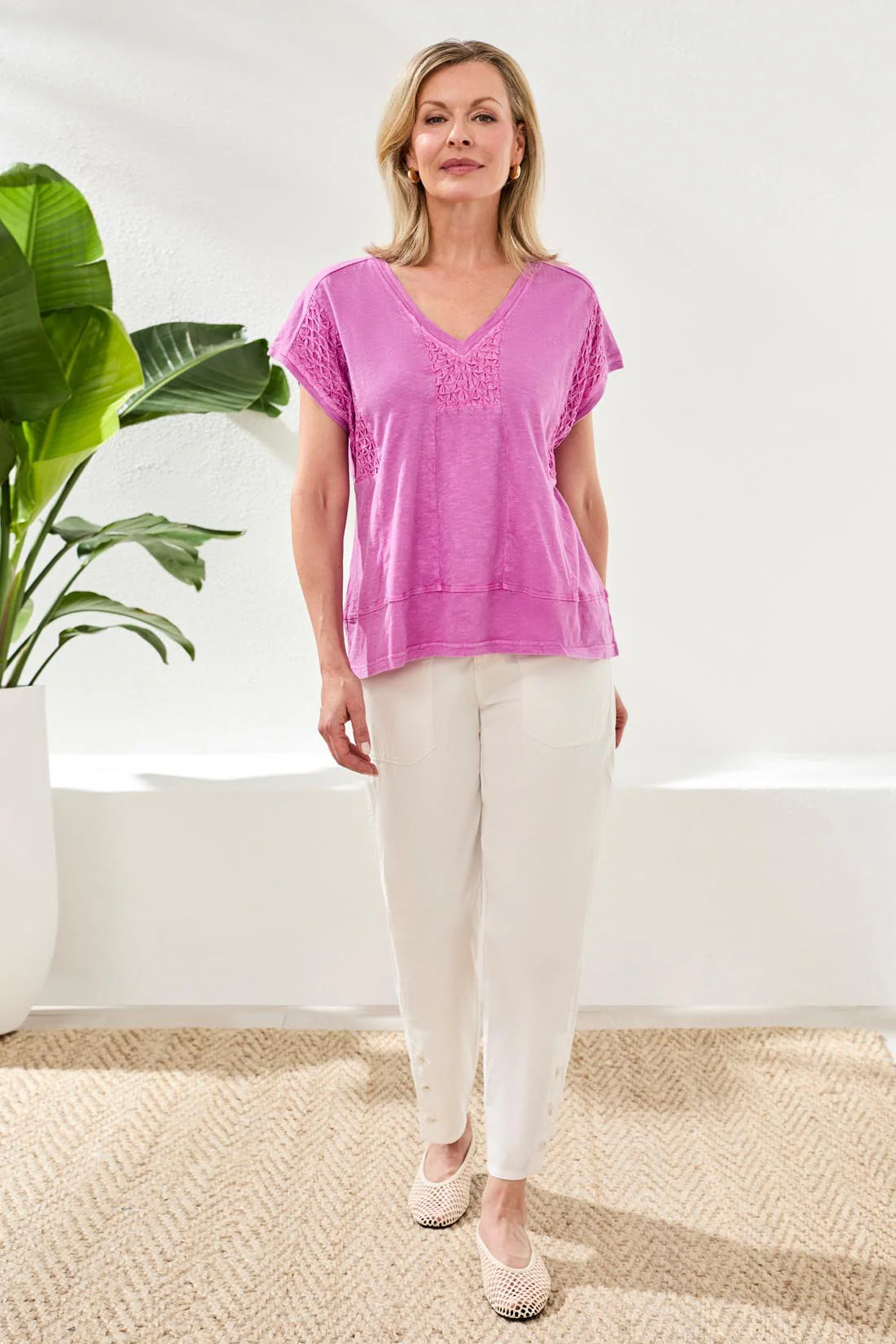 Tribal Cap Sleeve Ruched Detail Top - Wisteria