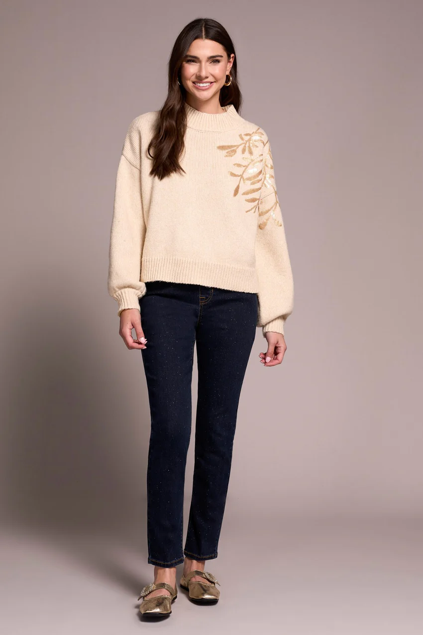 Tribal Claudia Sequined Mock Neck - Latte