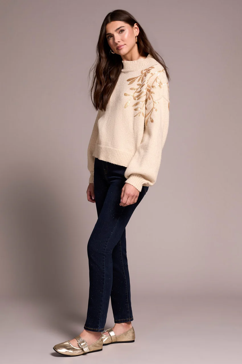 Tribal Claudia Sequined Mock Neck - Latte